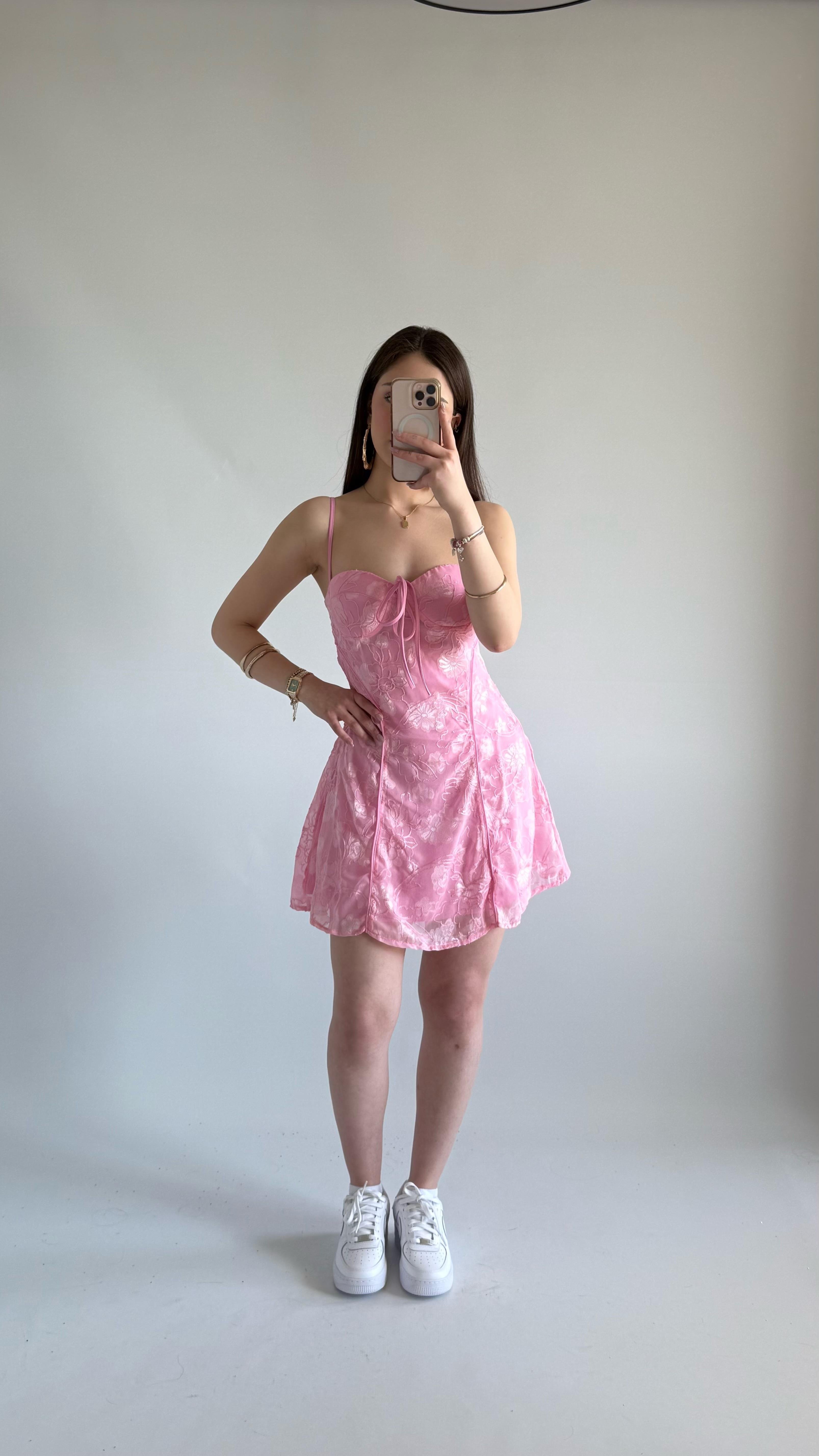 Pery Mini Dantel Elbise Pembe