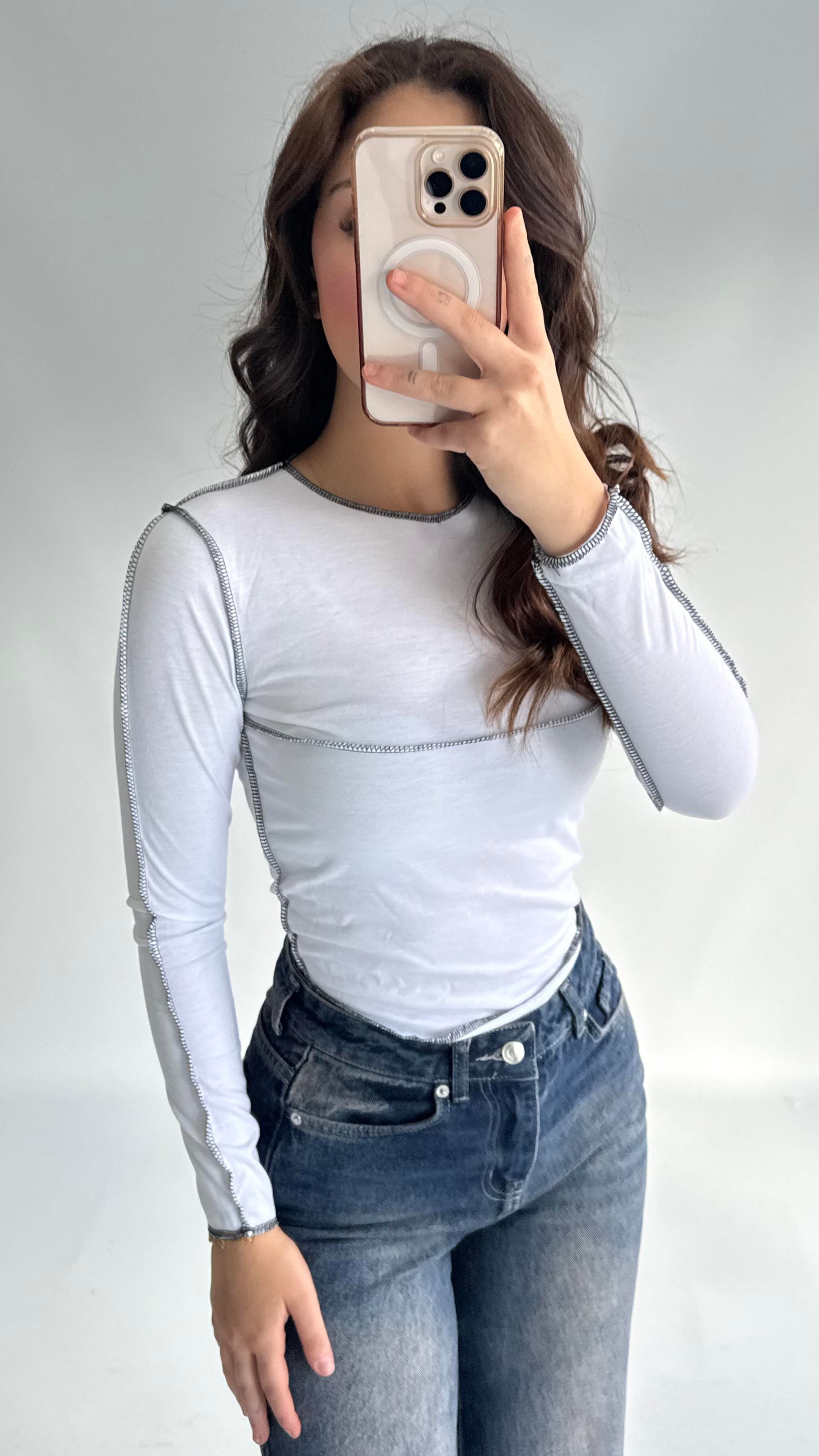 Pis Dikişli Crop Beyaz