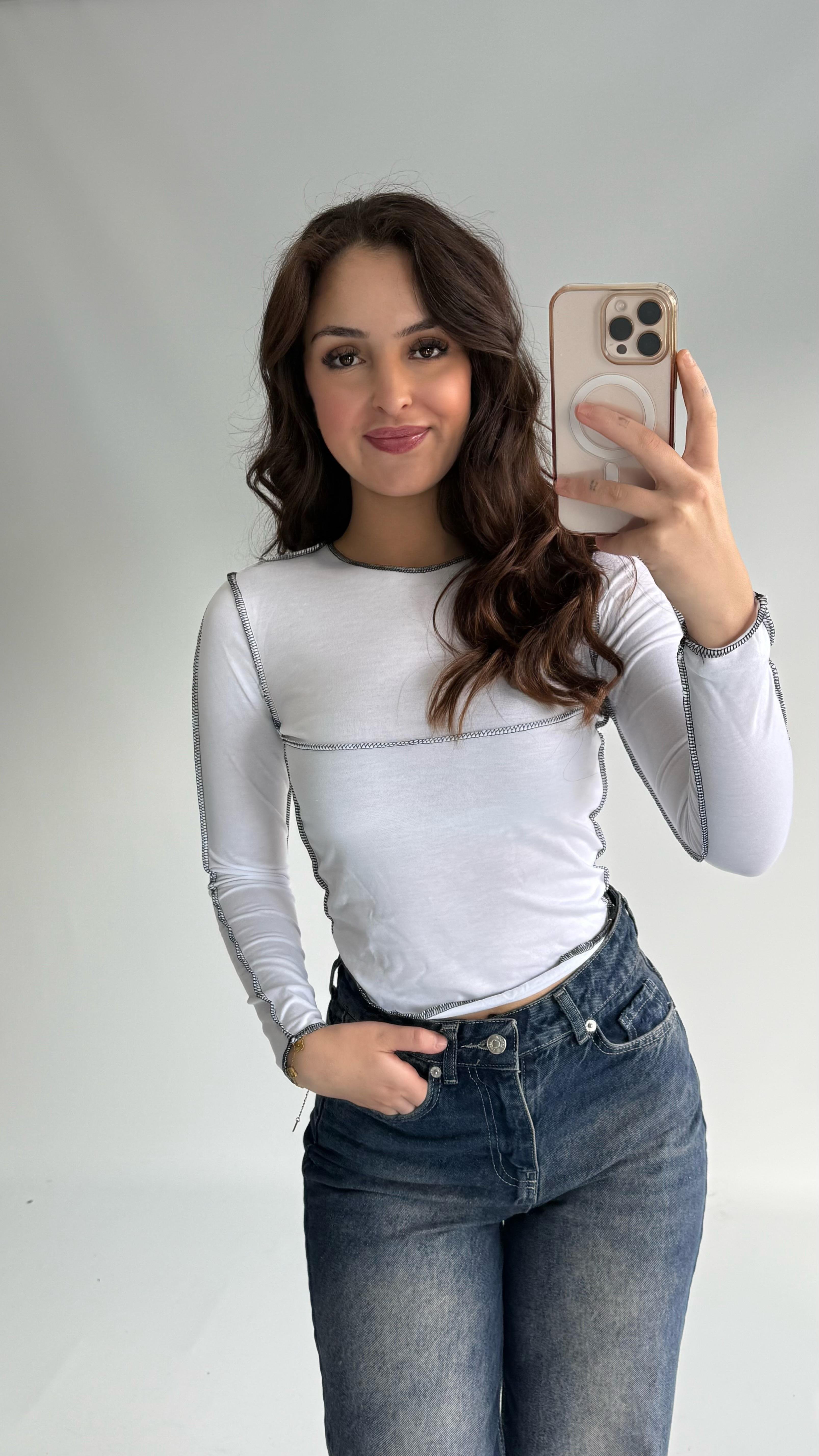 Pis Dikişli Crop Beyaz