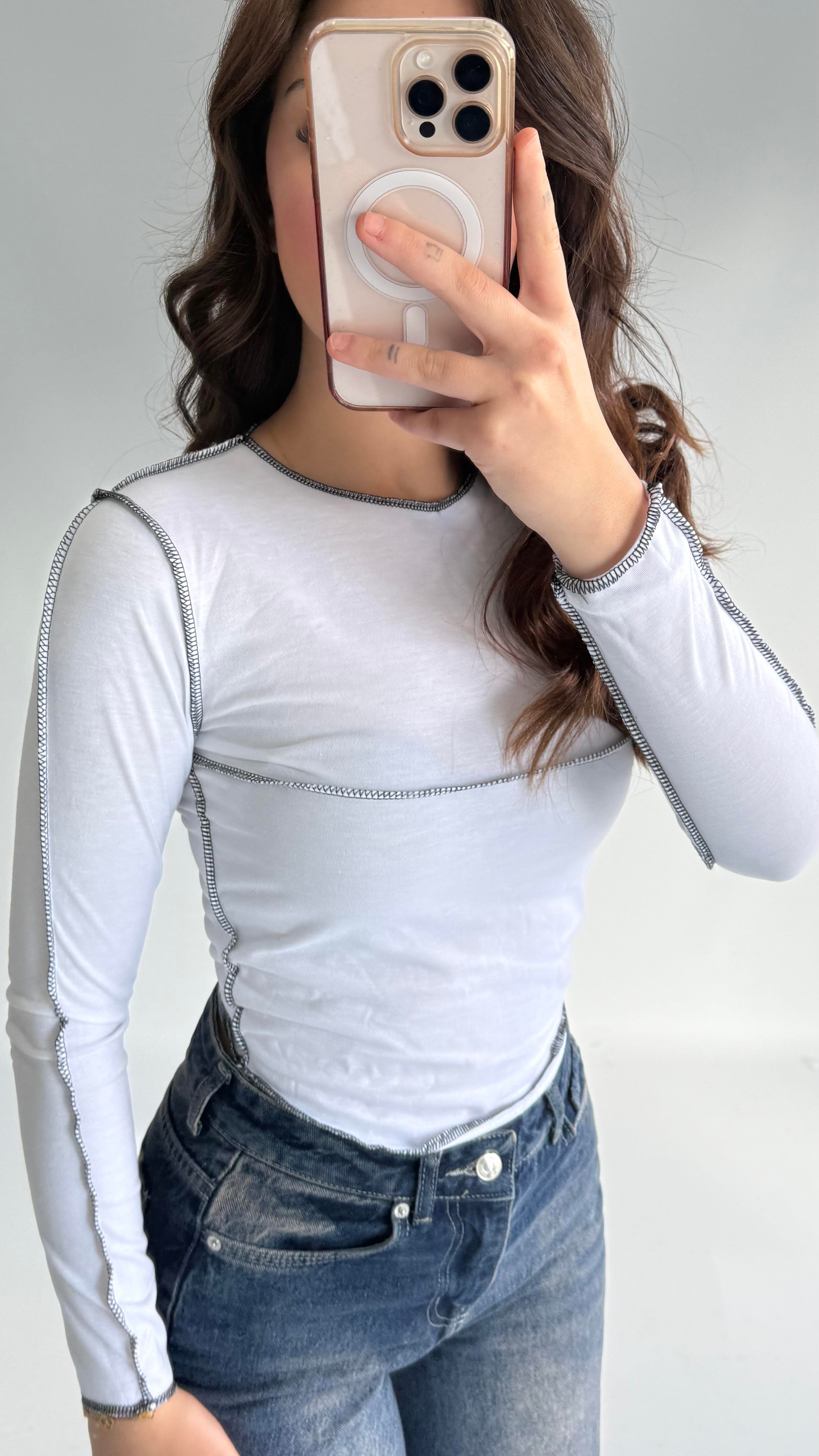 Pis Dikişli Crop Beyaz