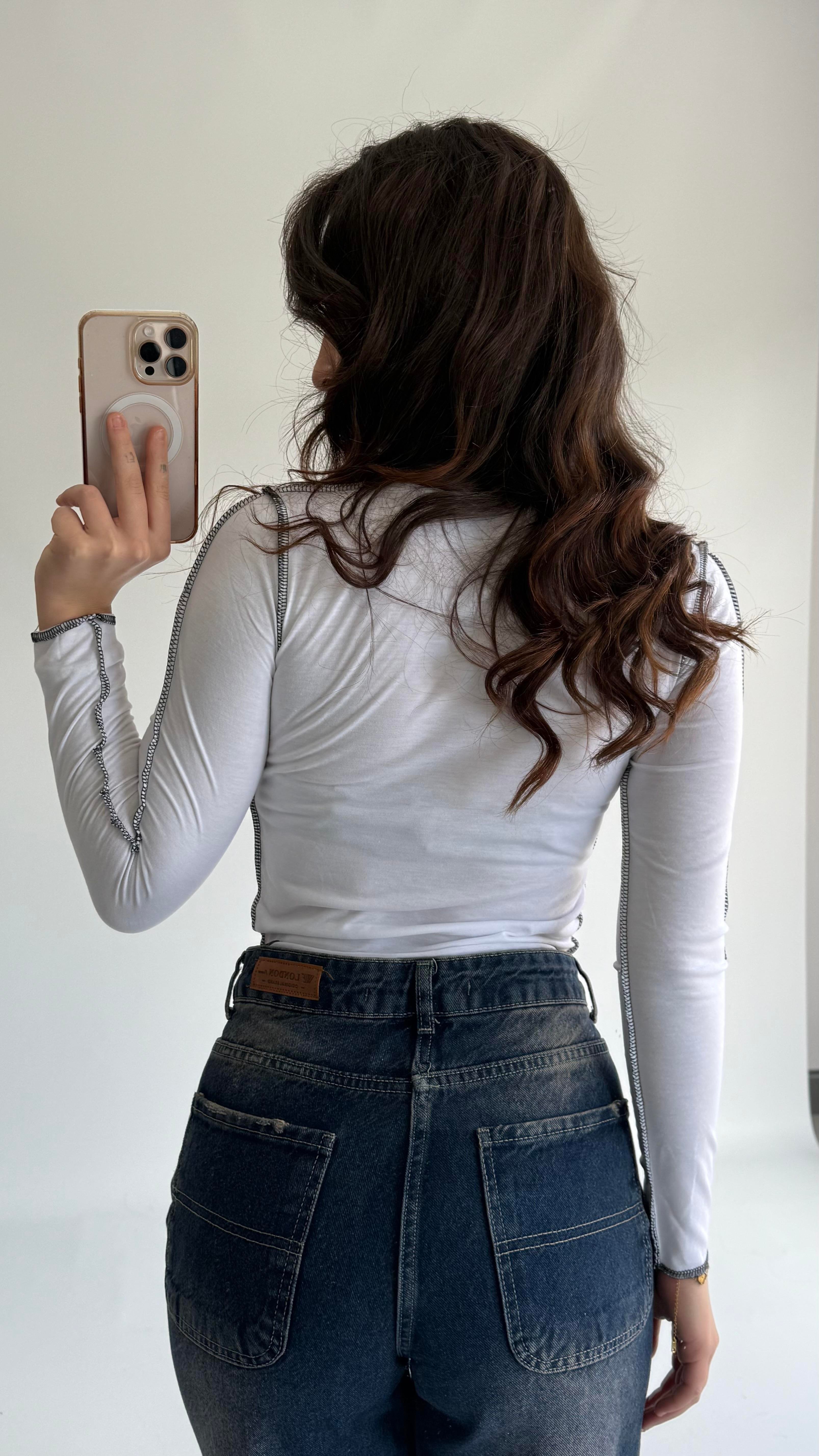 Pis Dikişli Crop Beyaz