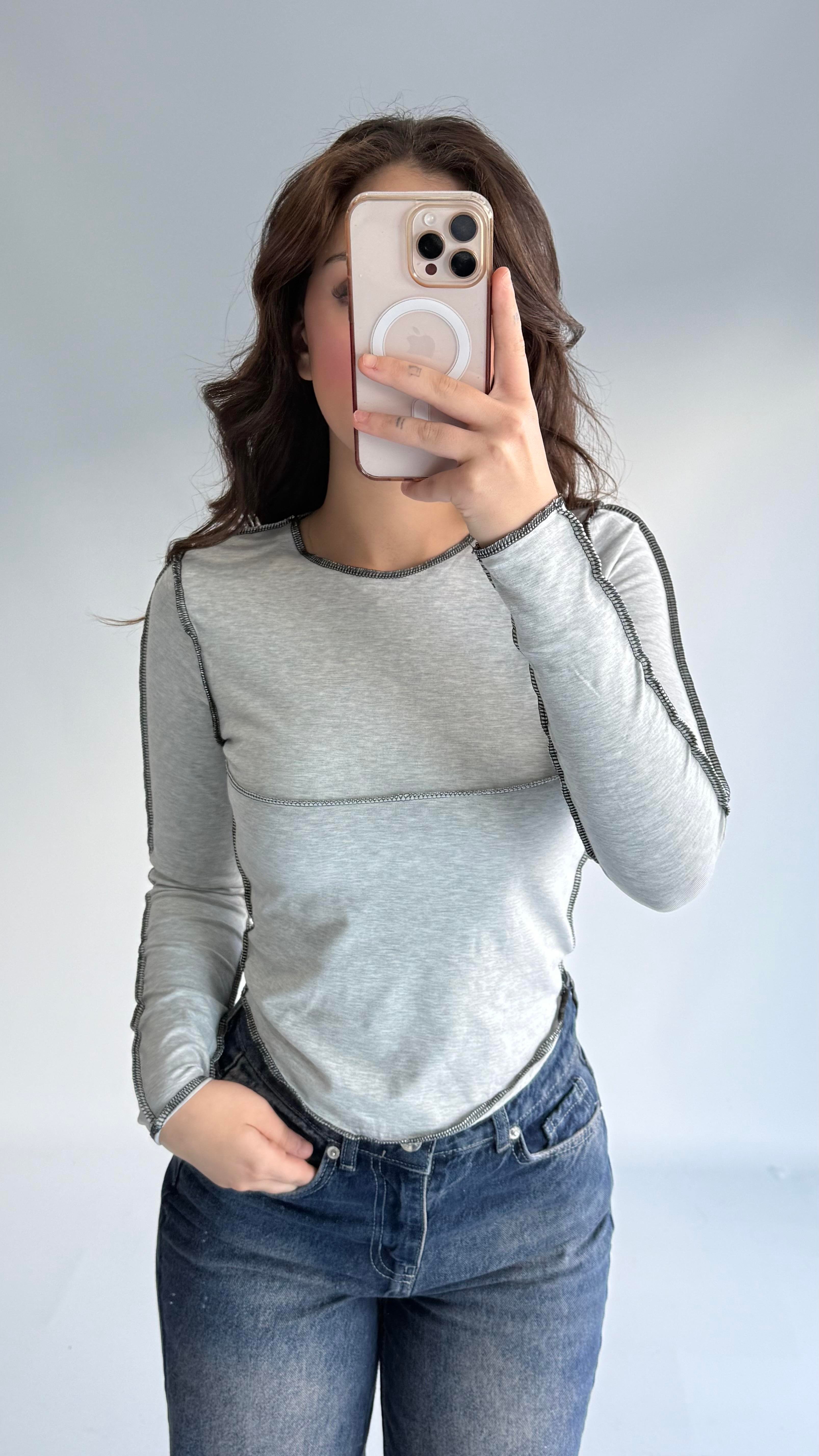 Pis Dikişli Crop Gri