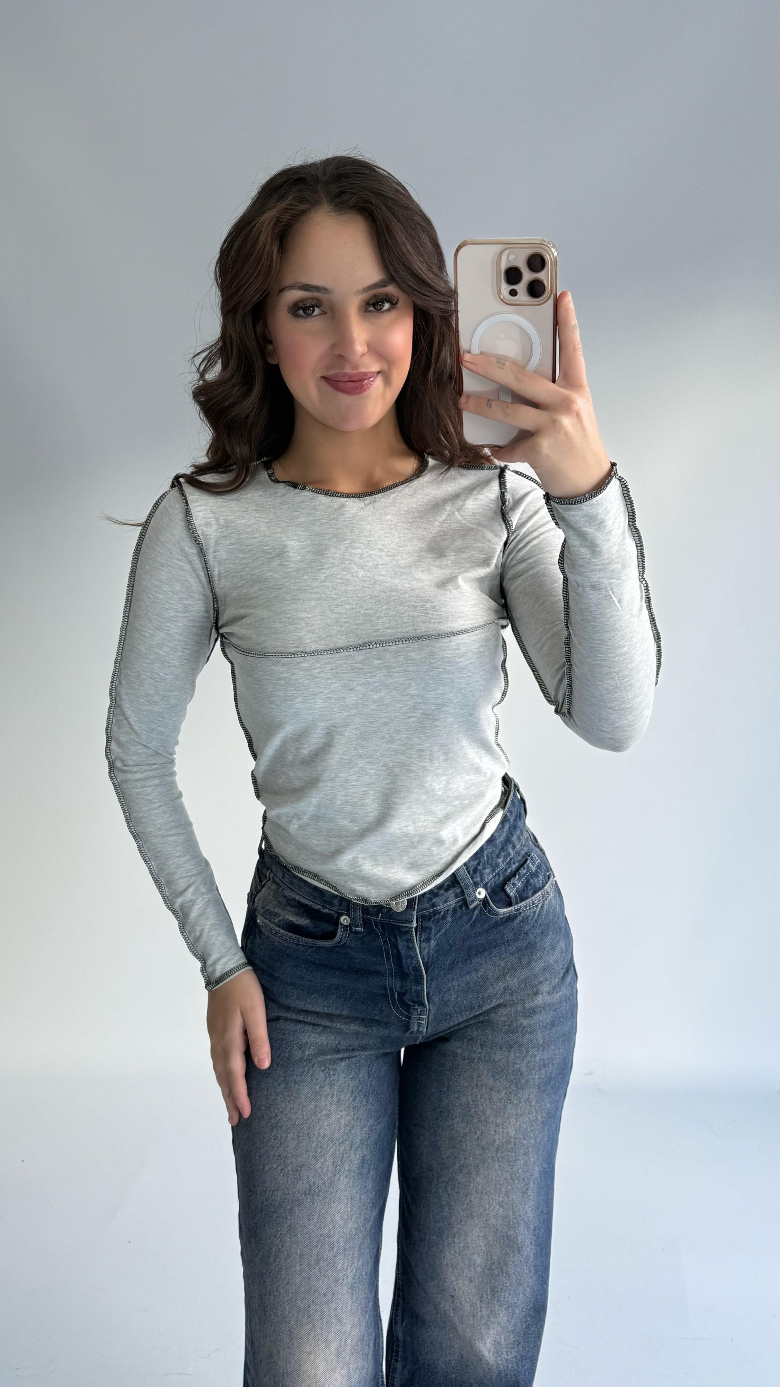 Pis Dikişli Crop Gri