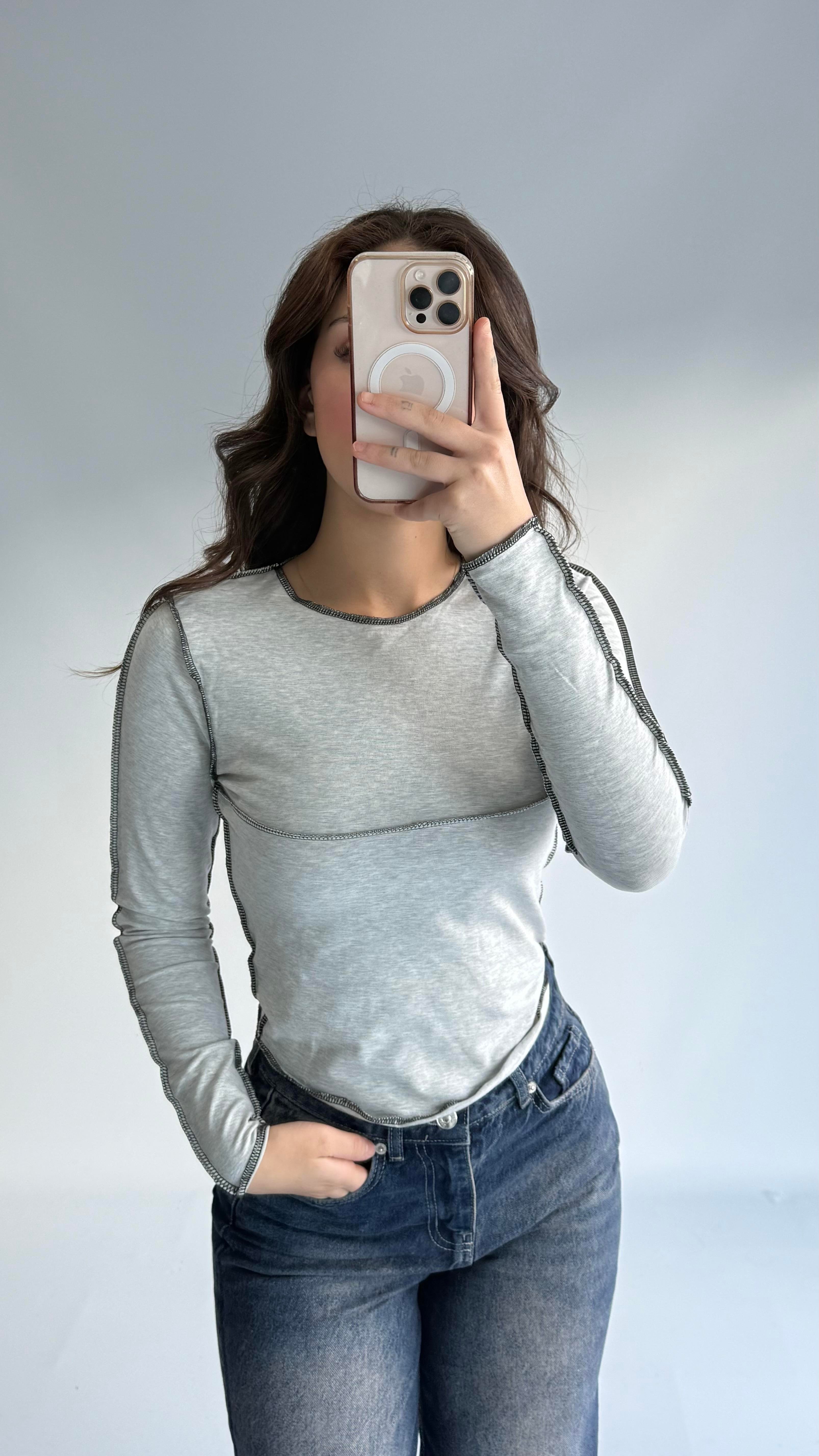 Pis Dikişli Crop Gri