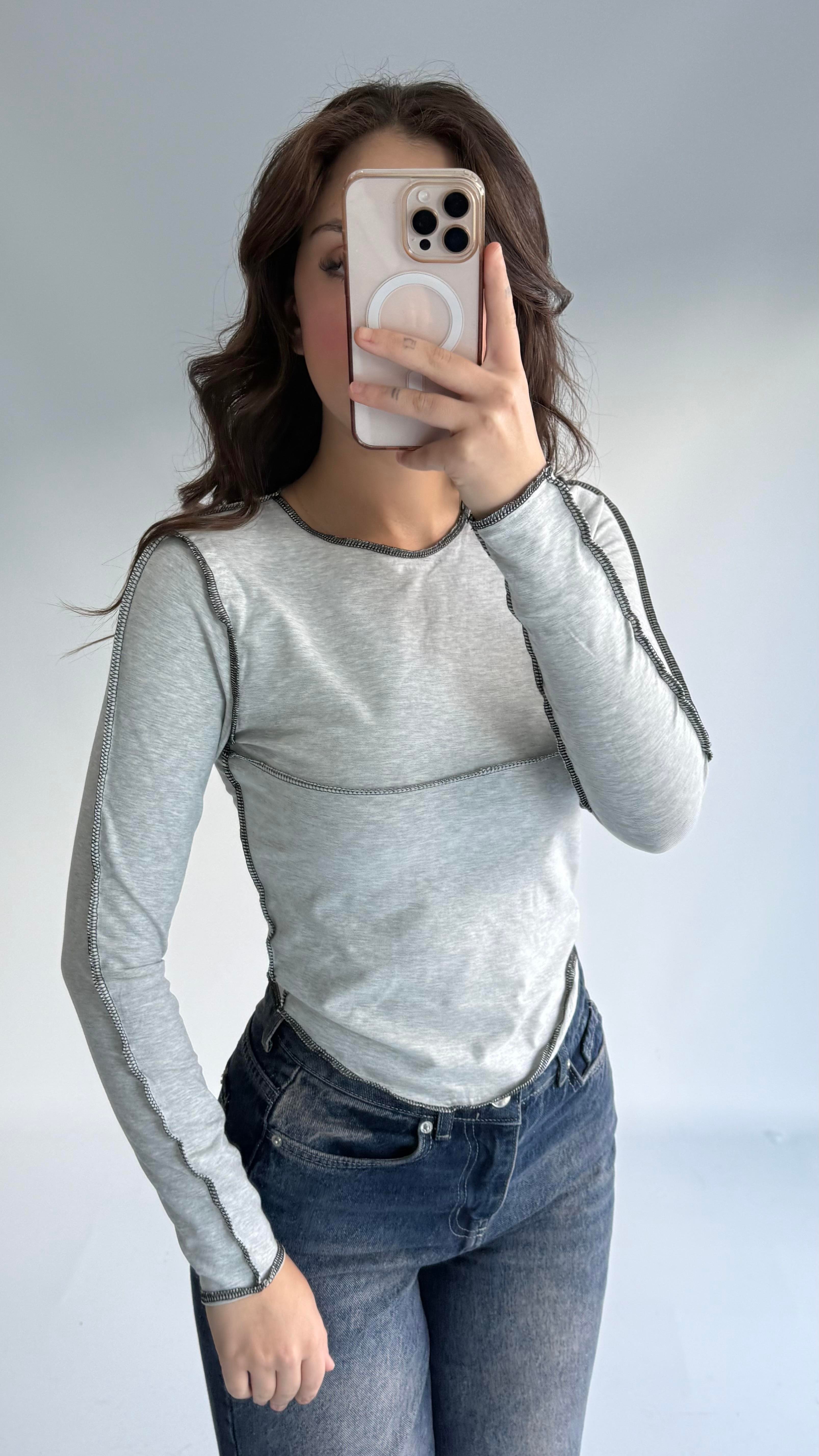 Pis Dikişli Crop Gri