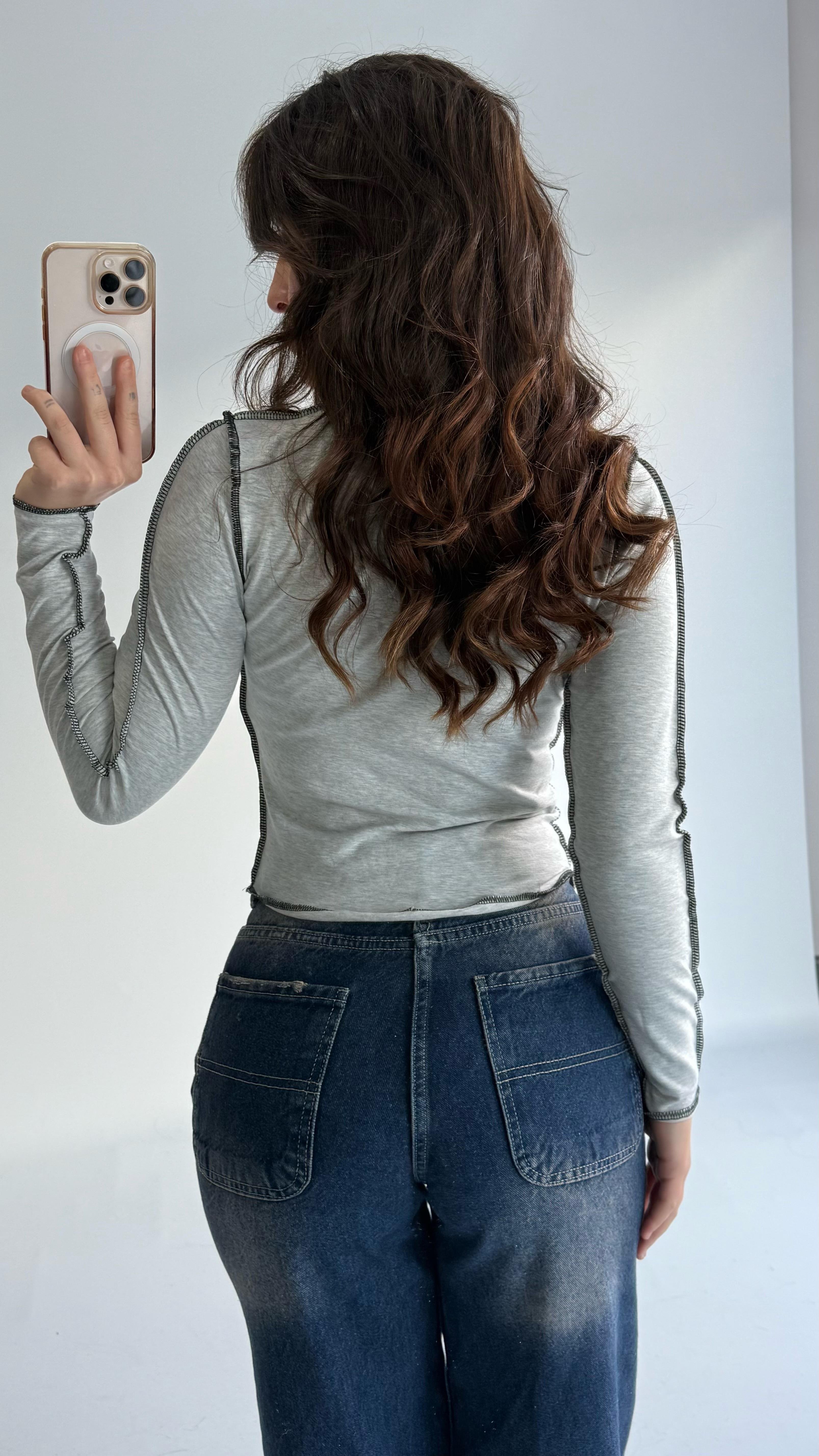 Pis Dikişli Crop Gri