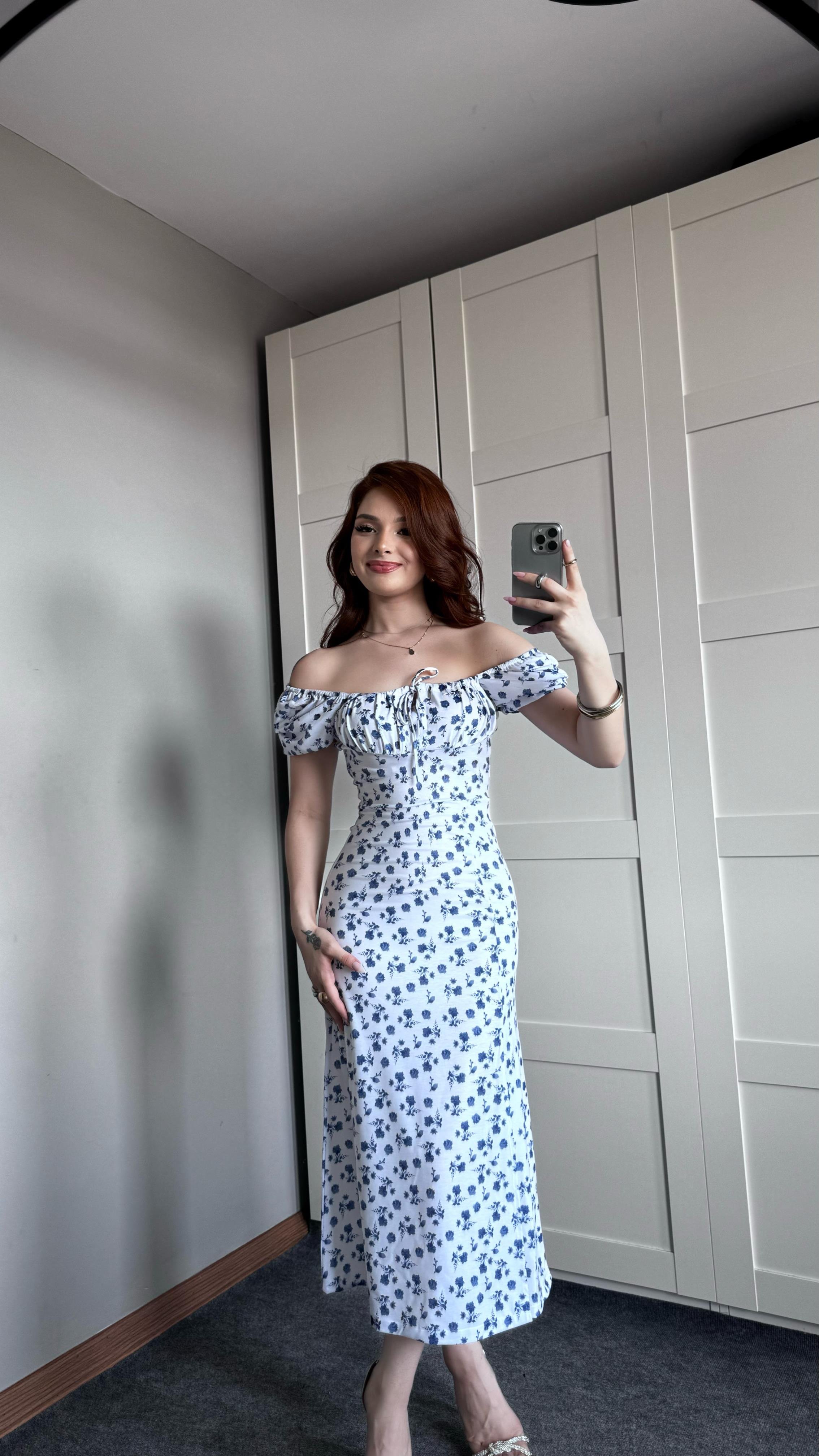 Polly Beyaz Mavi Çiçekli Elbise