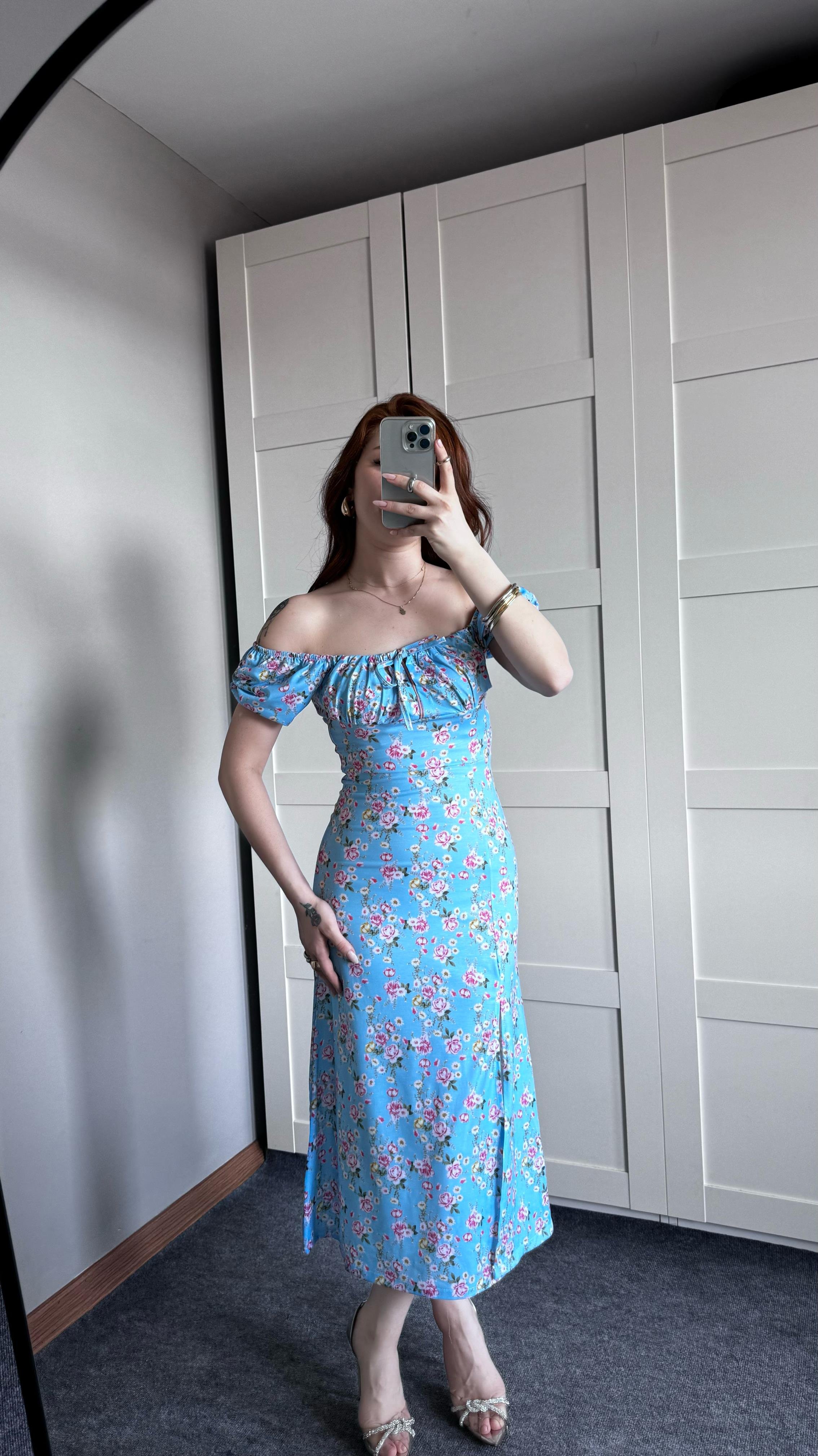 Polly Mavi Pembe Çiçekli Elbise