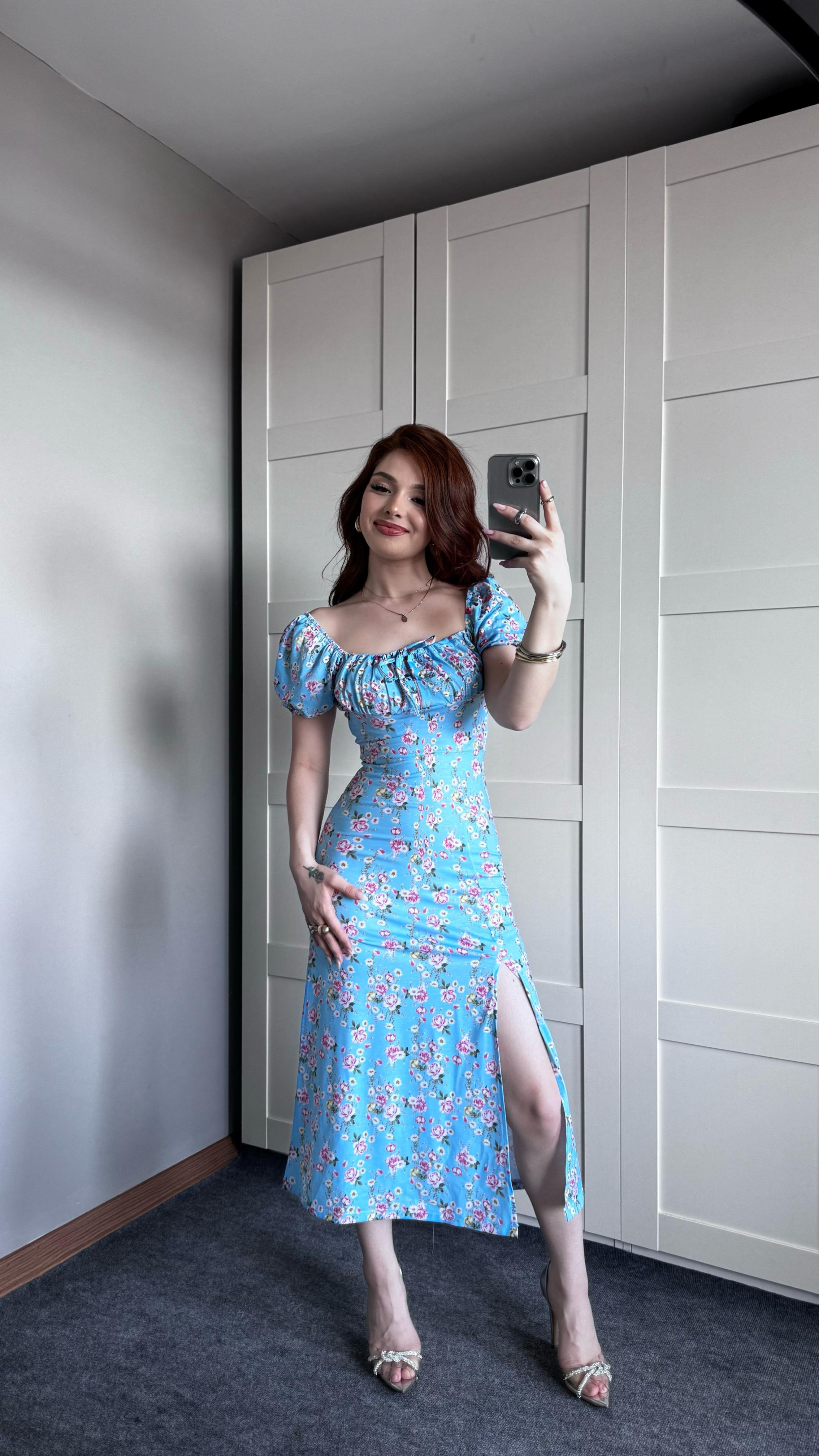 Polly Mavi Pembe Çiçekli Elbise