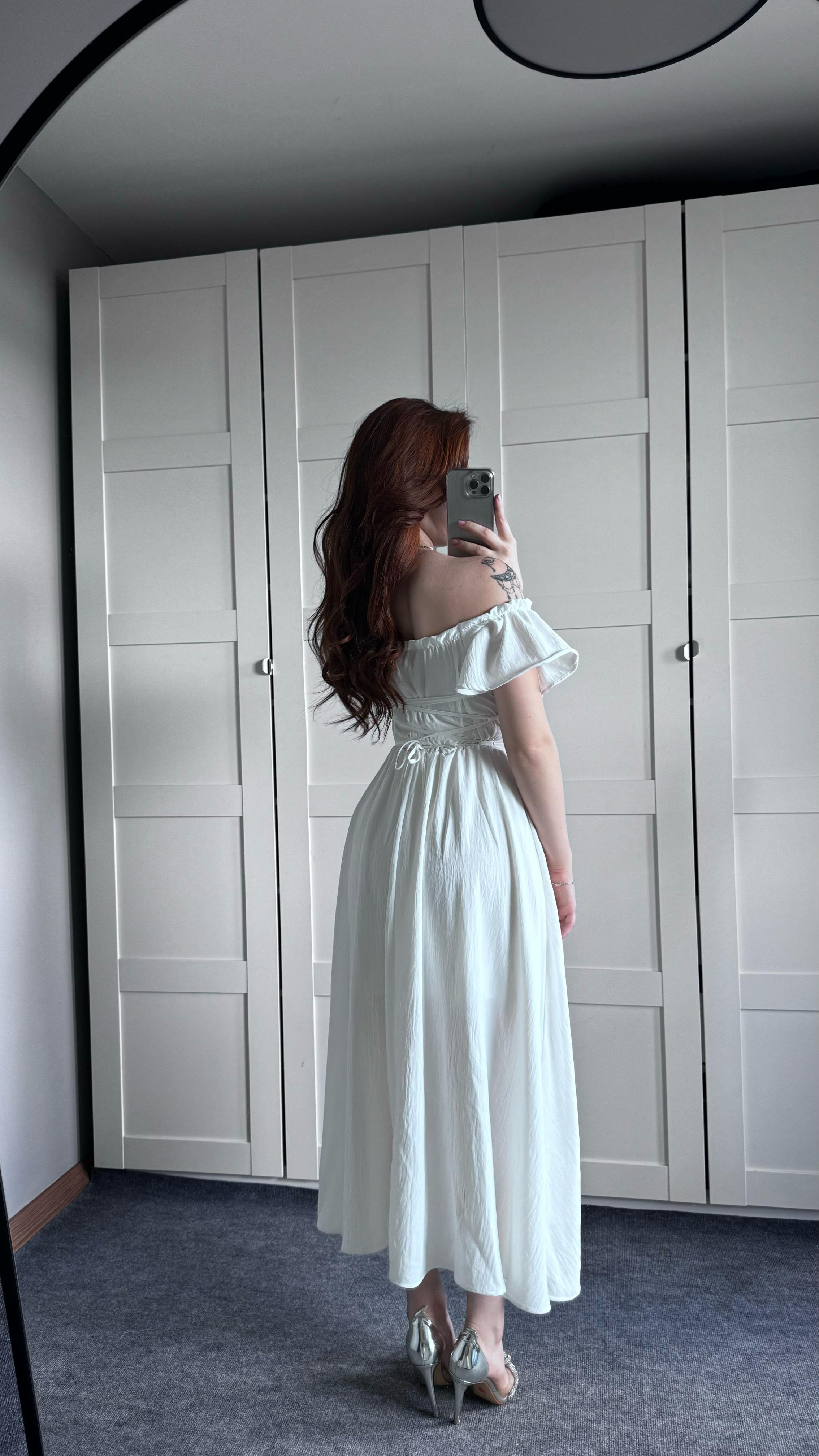 Poplin Fırfırlı Beyaz Elbise