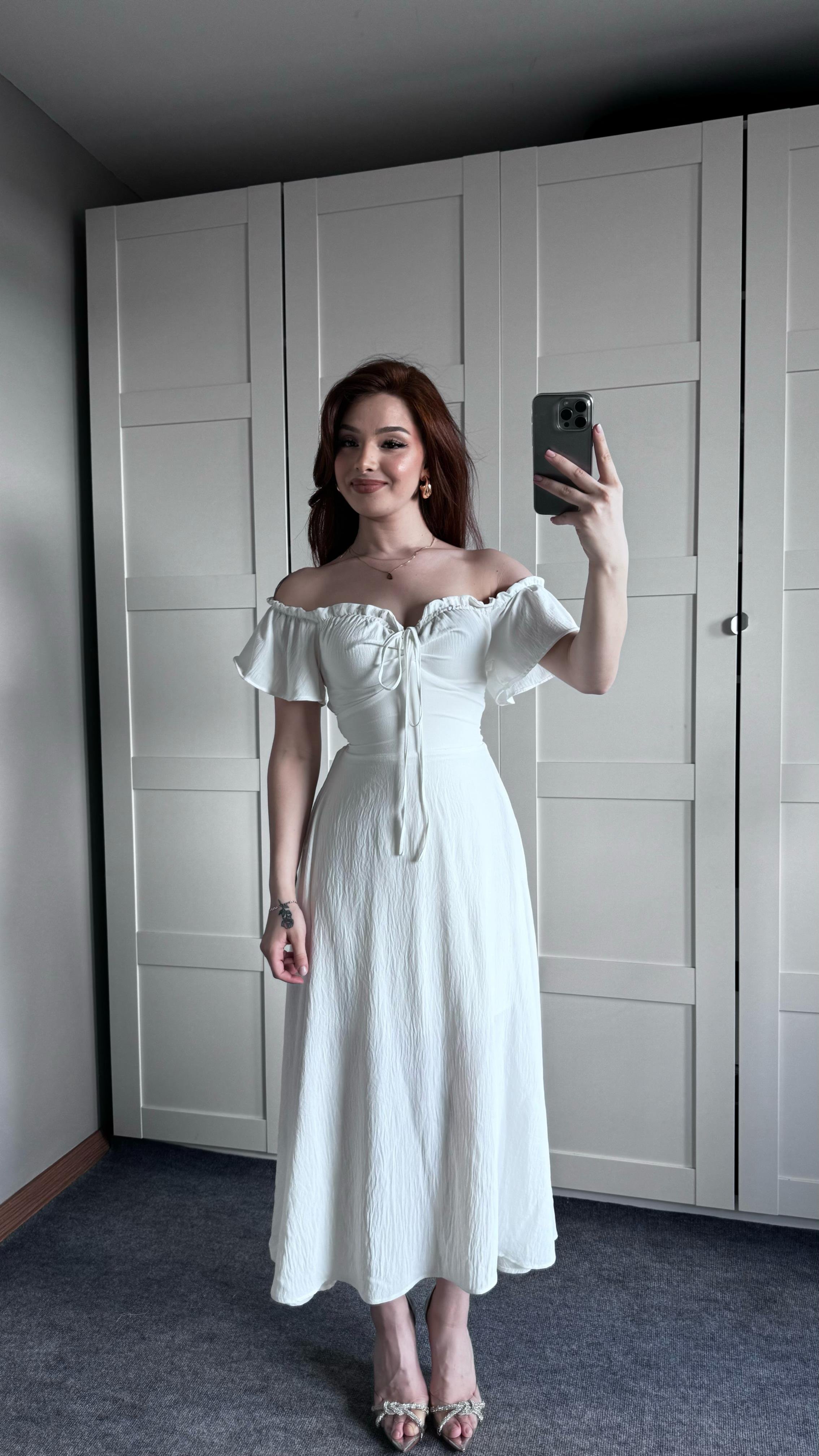 Poplin Fırfırlı Beyaz Elbise