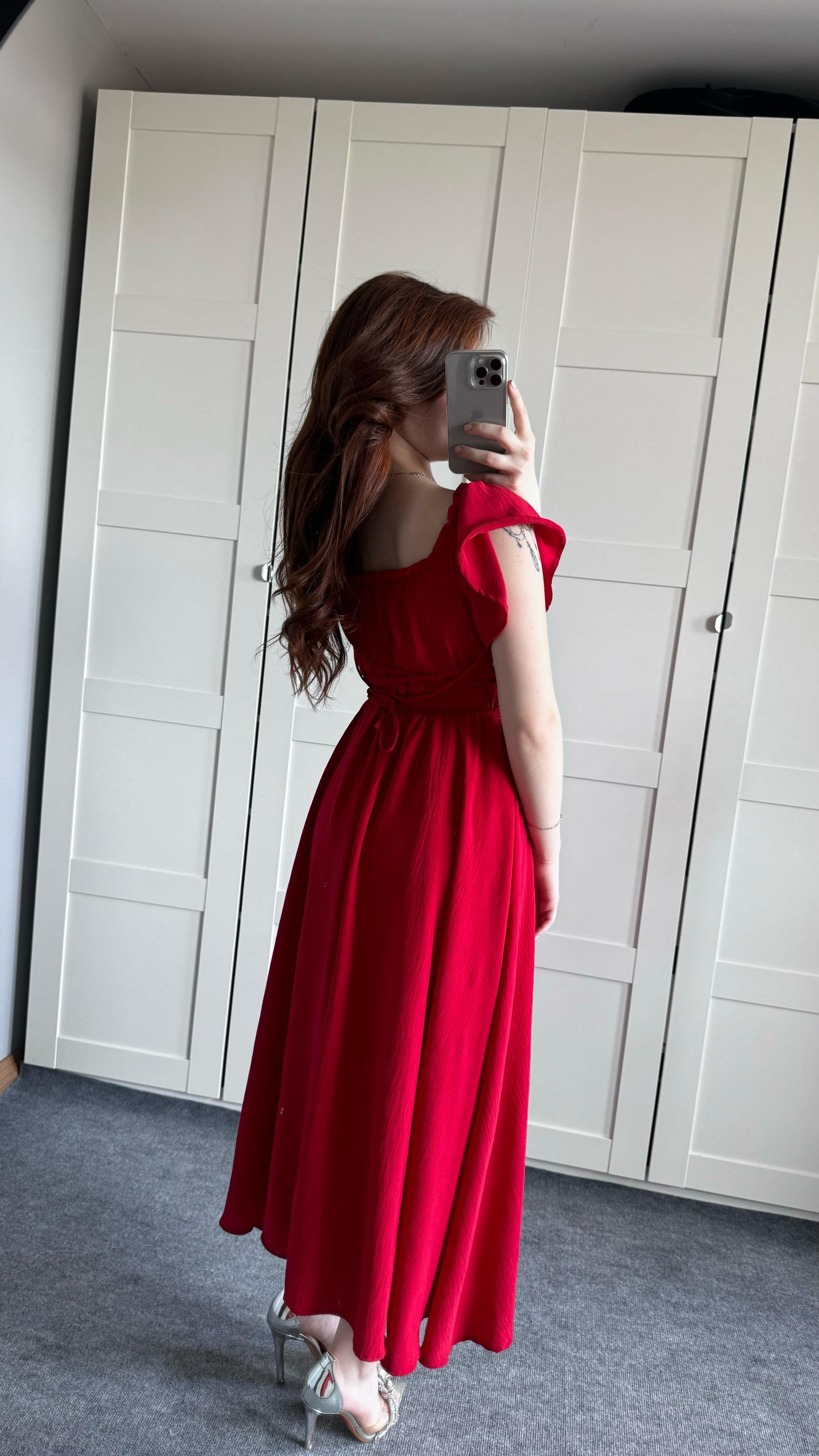 Poplin Fırfırlı Kırmızı Elbise