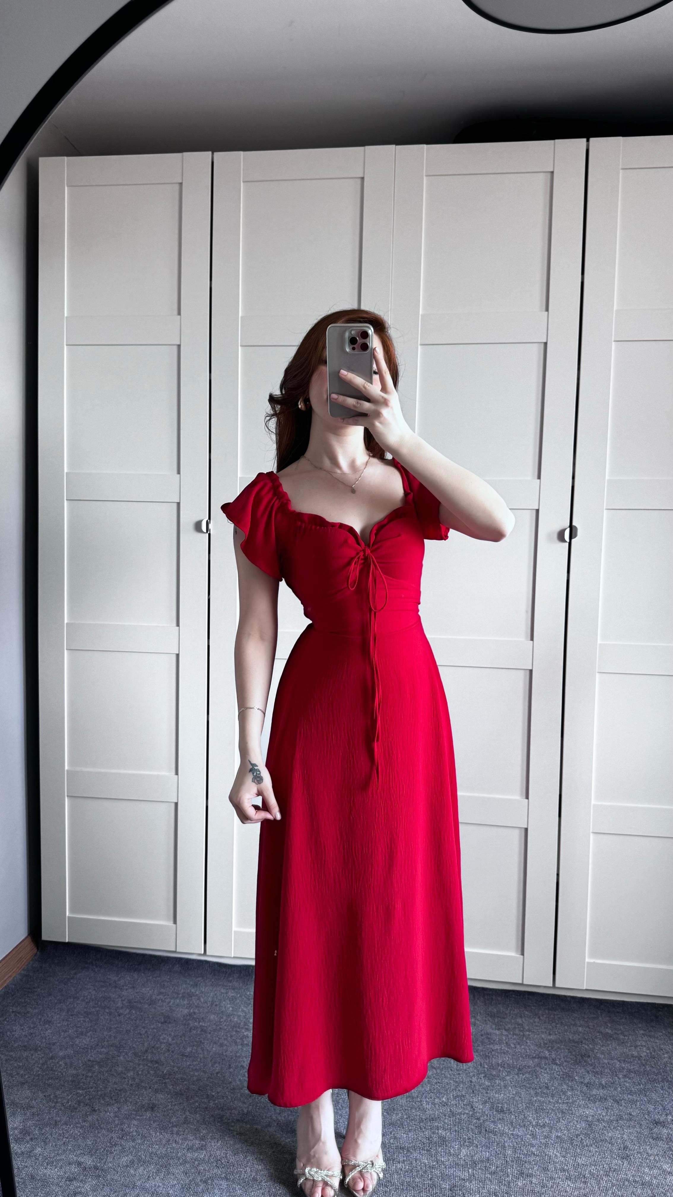 Poplin Fırfırlı Kırmızı Elbise