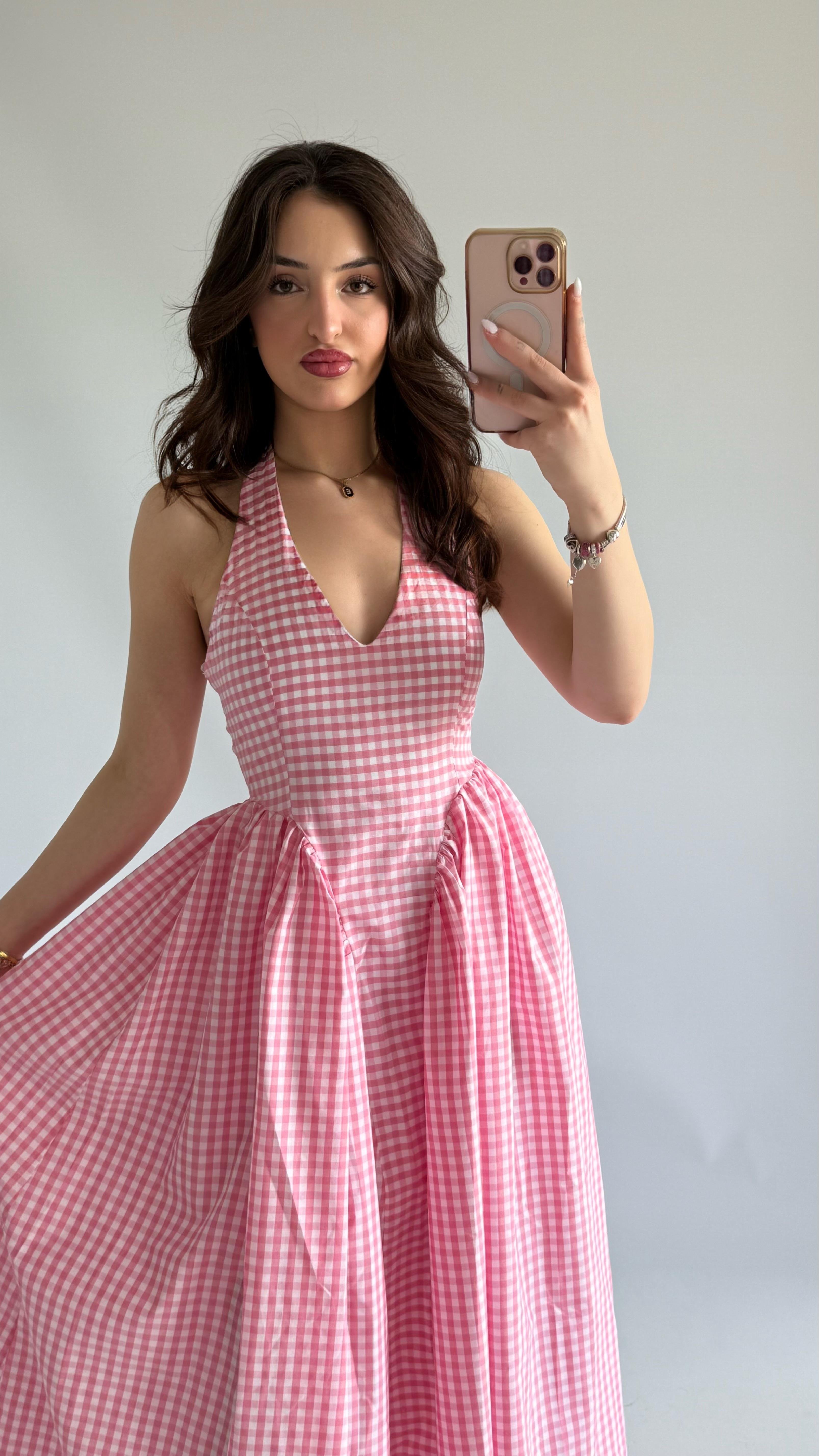 Pöti Kareli Piknik Pembe Elbise