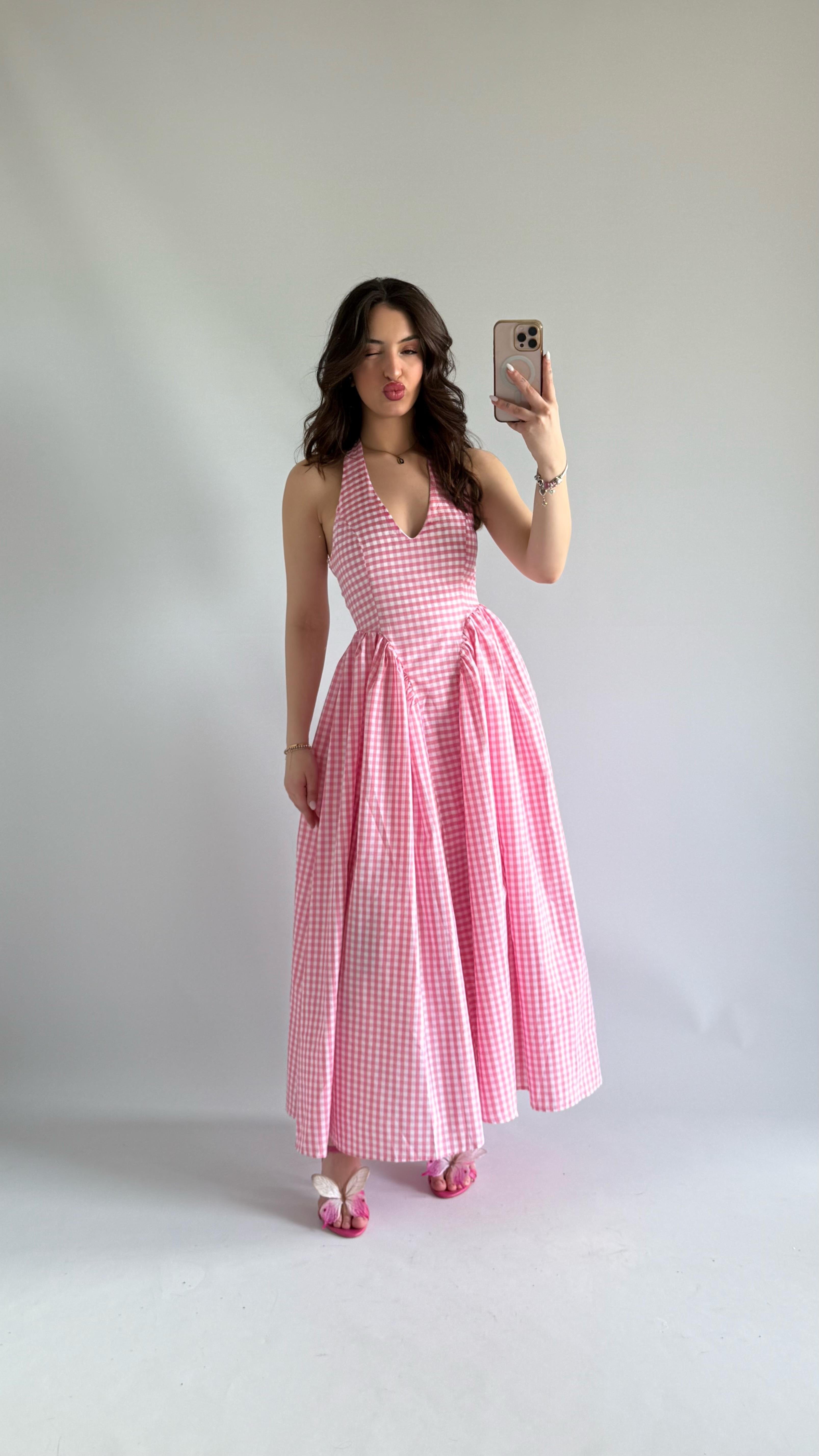 Pöti Kareli Piknik Pembe Elbise