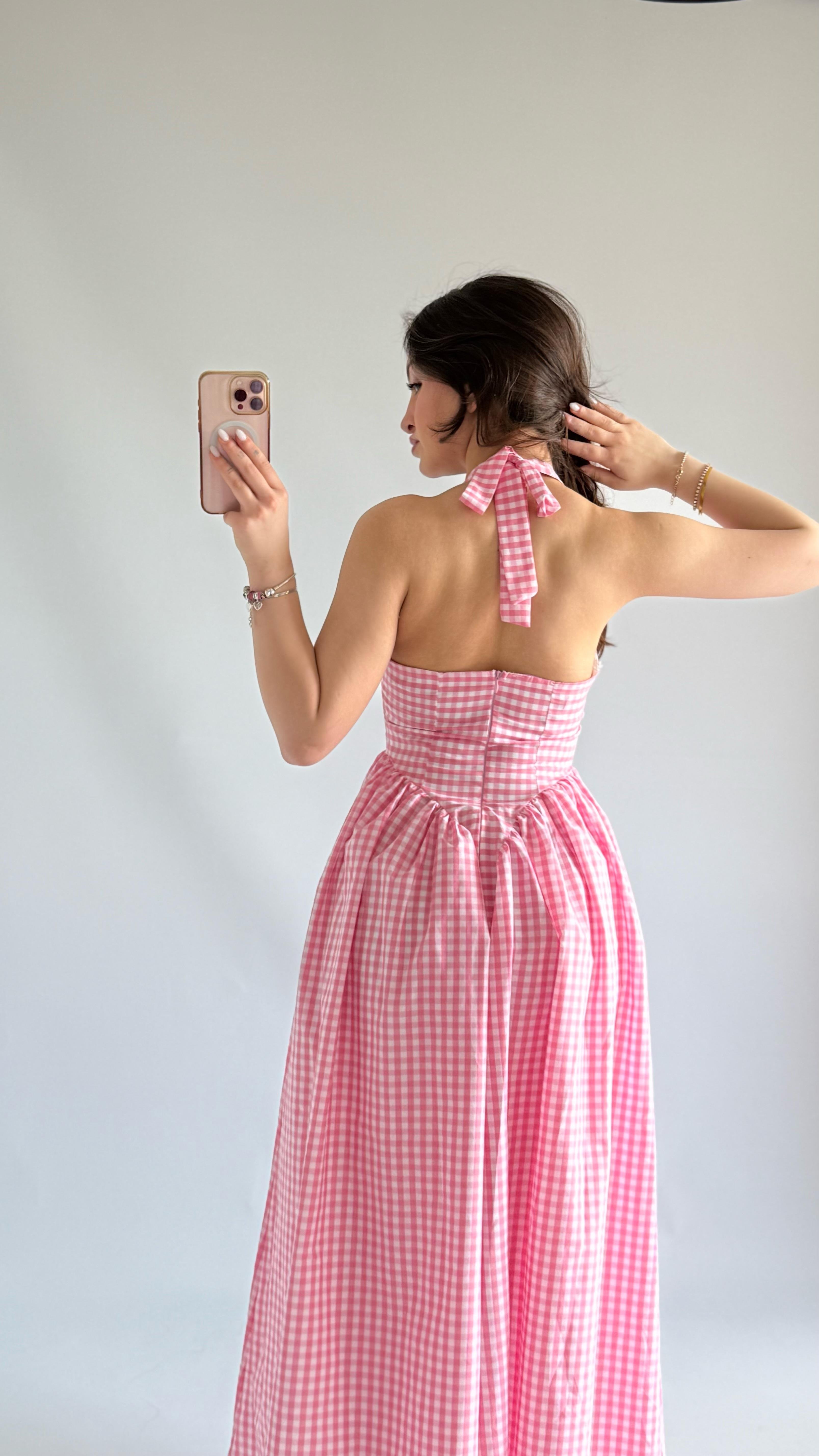 Pöti Kareli Piknik Pembe Elbise