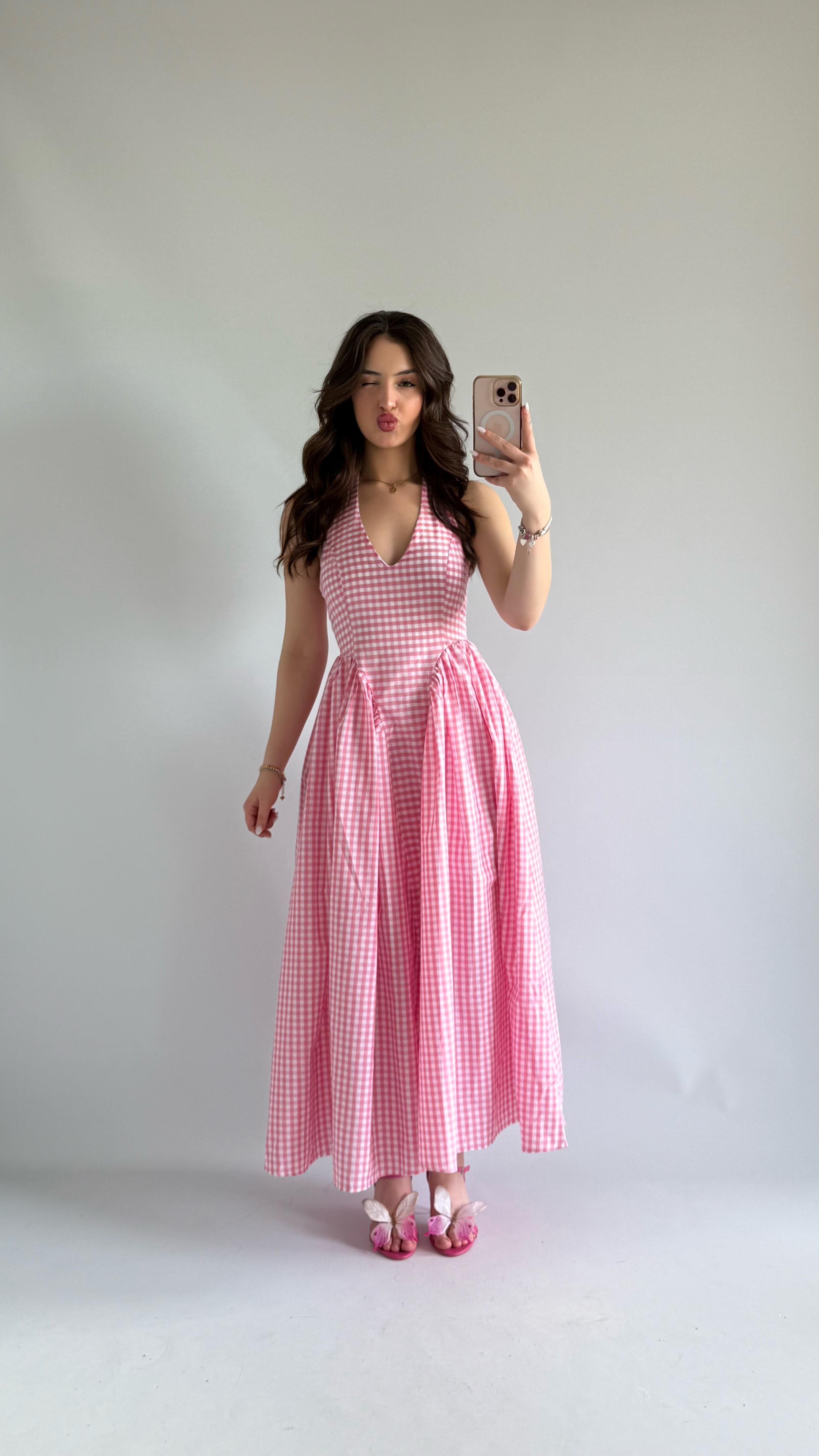 Pöti Kareli Piknik Pembe Elbise