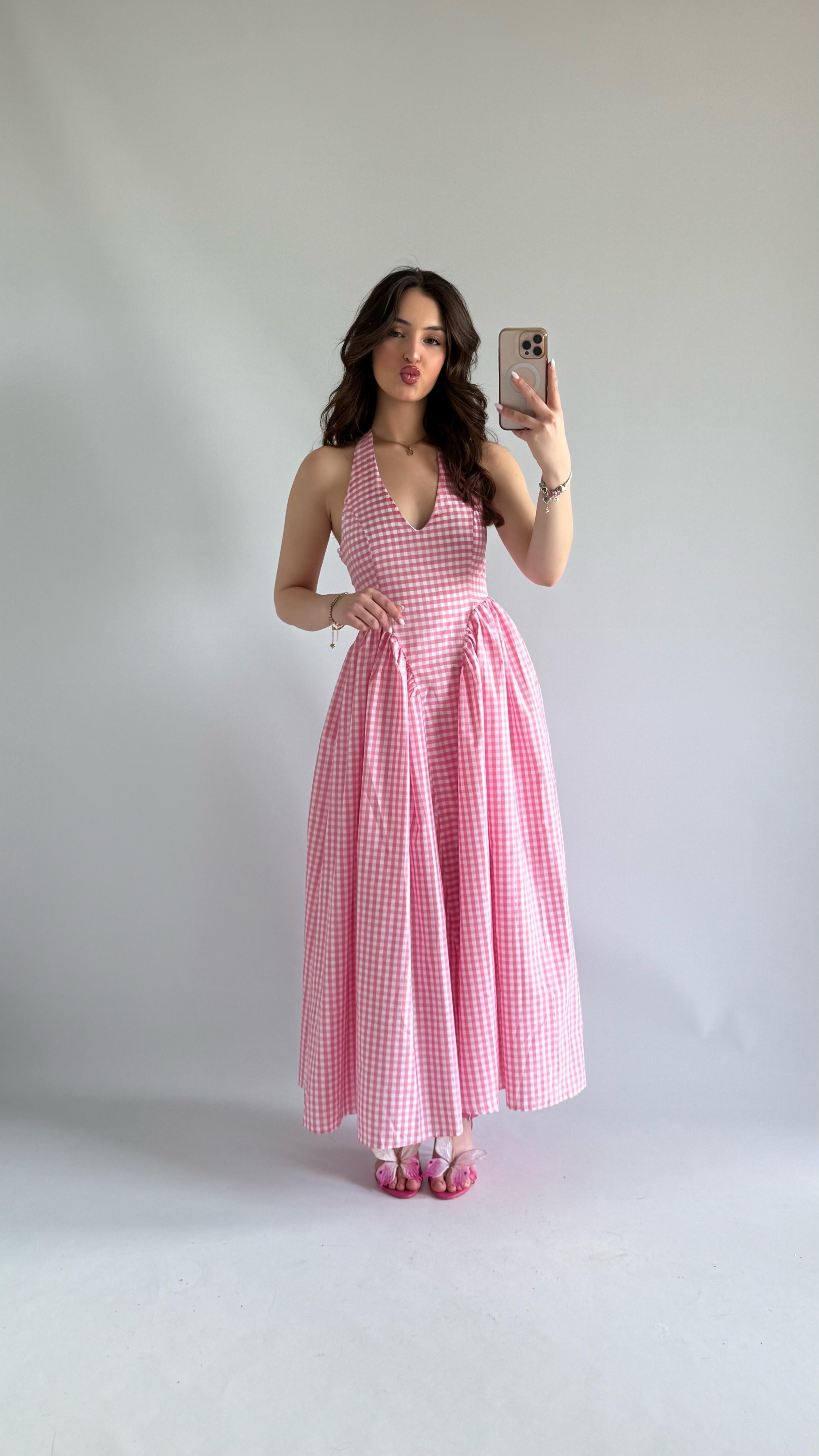 Pöti Kareli Piknik Pembe Elbise