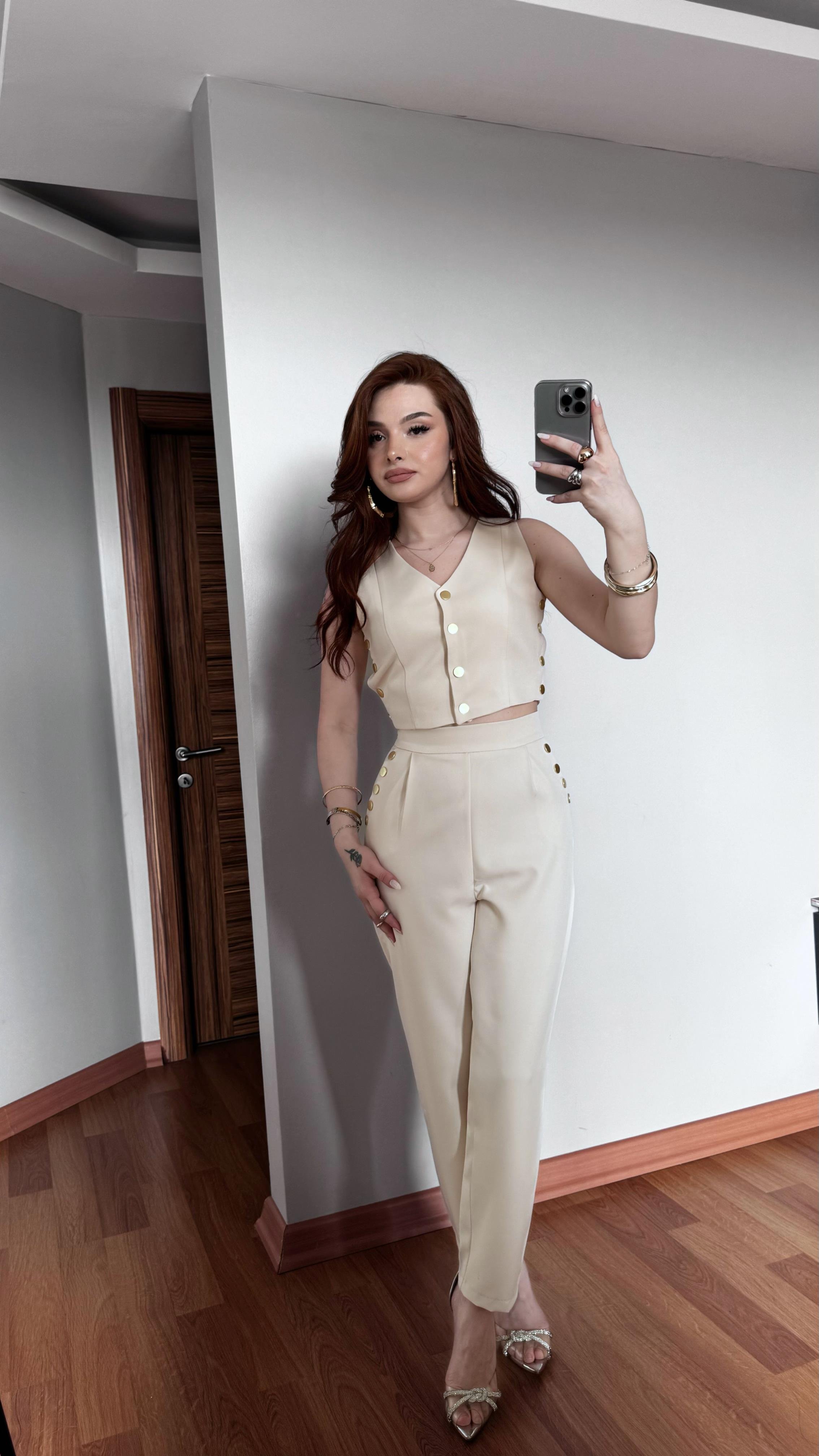 Premium Ceket Çıtçıt Takım Bej