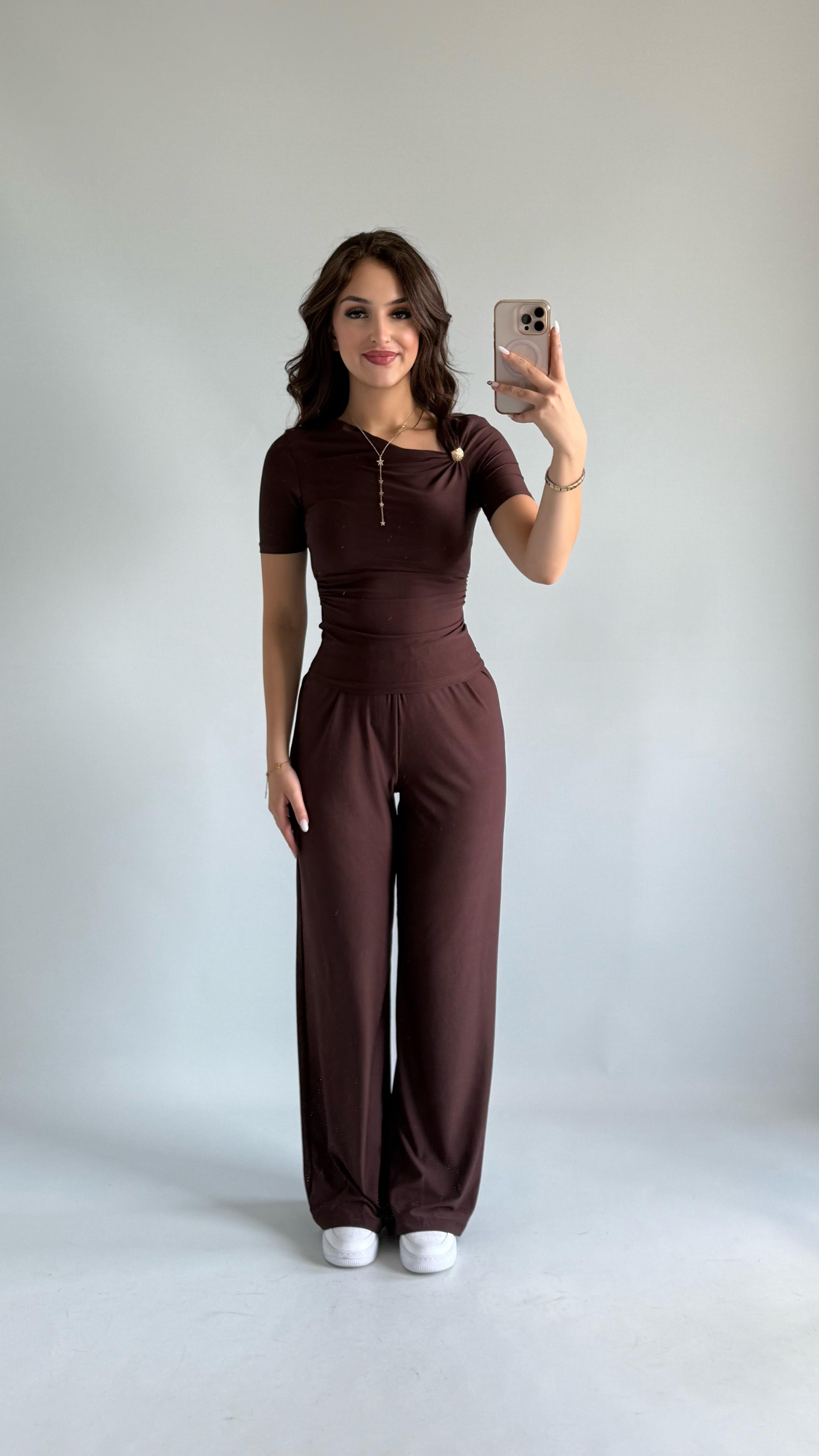 Premium Düğmeli Sandy Bluz Kahverengi