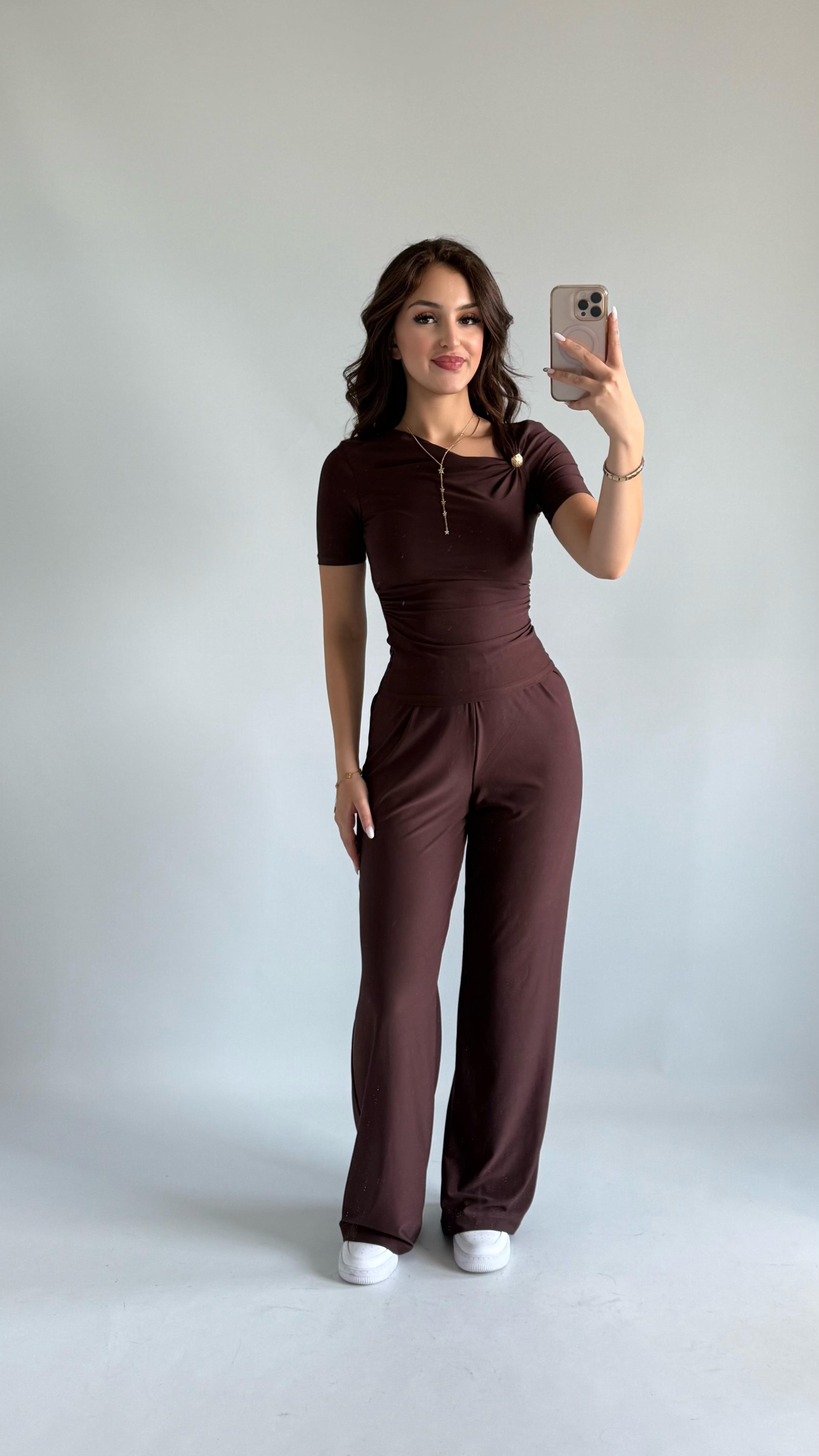 Premium Düğmeli Sandy Bluz Kahverengi