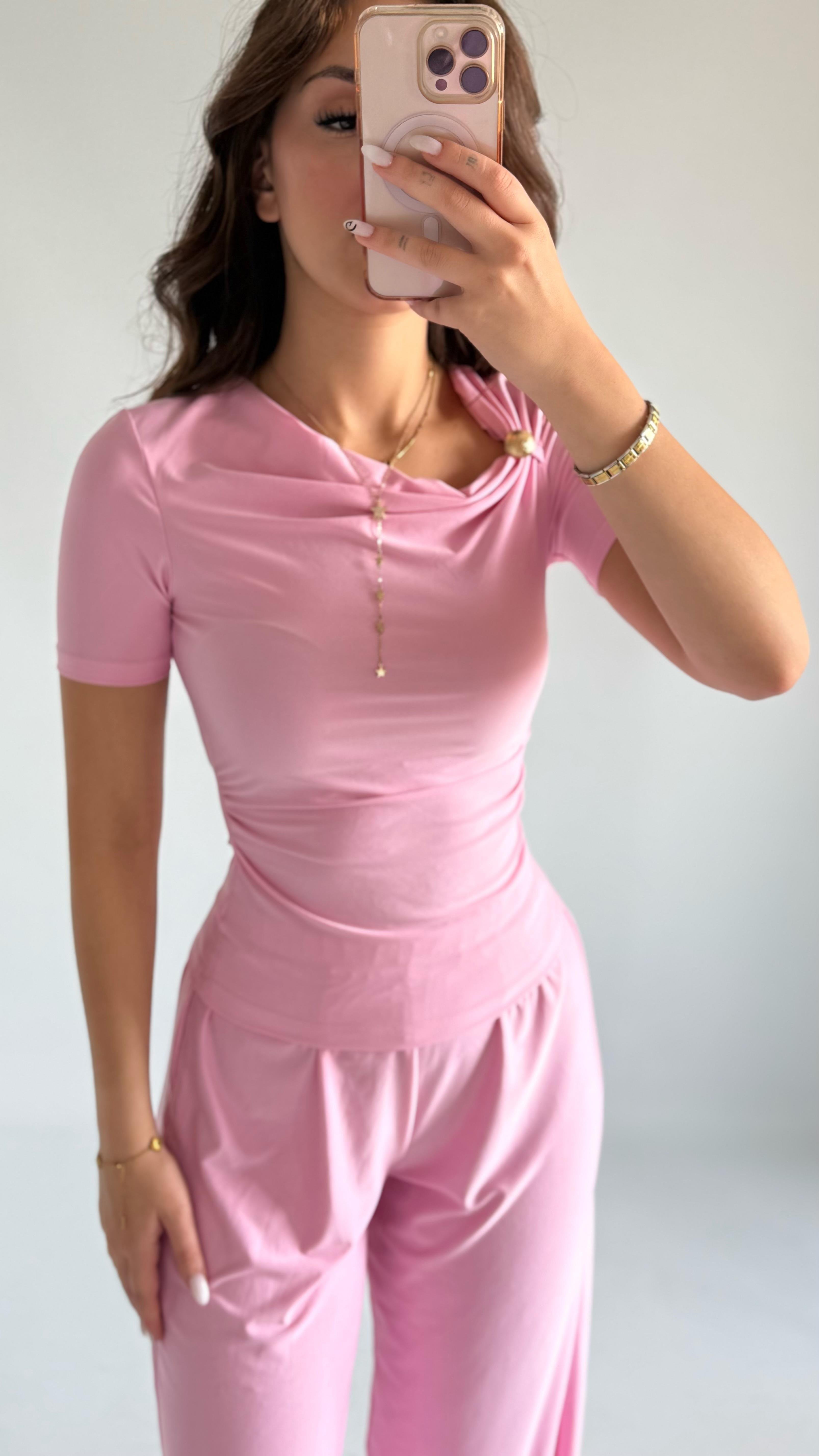 Premium Düğmeli Sandy Bluz Pembe