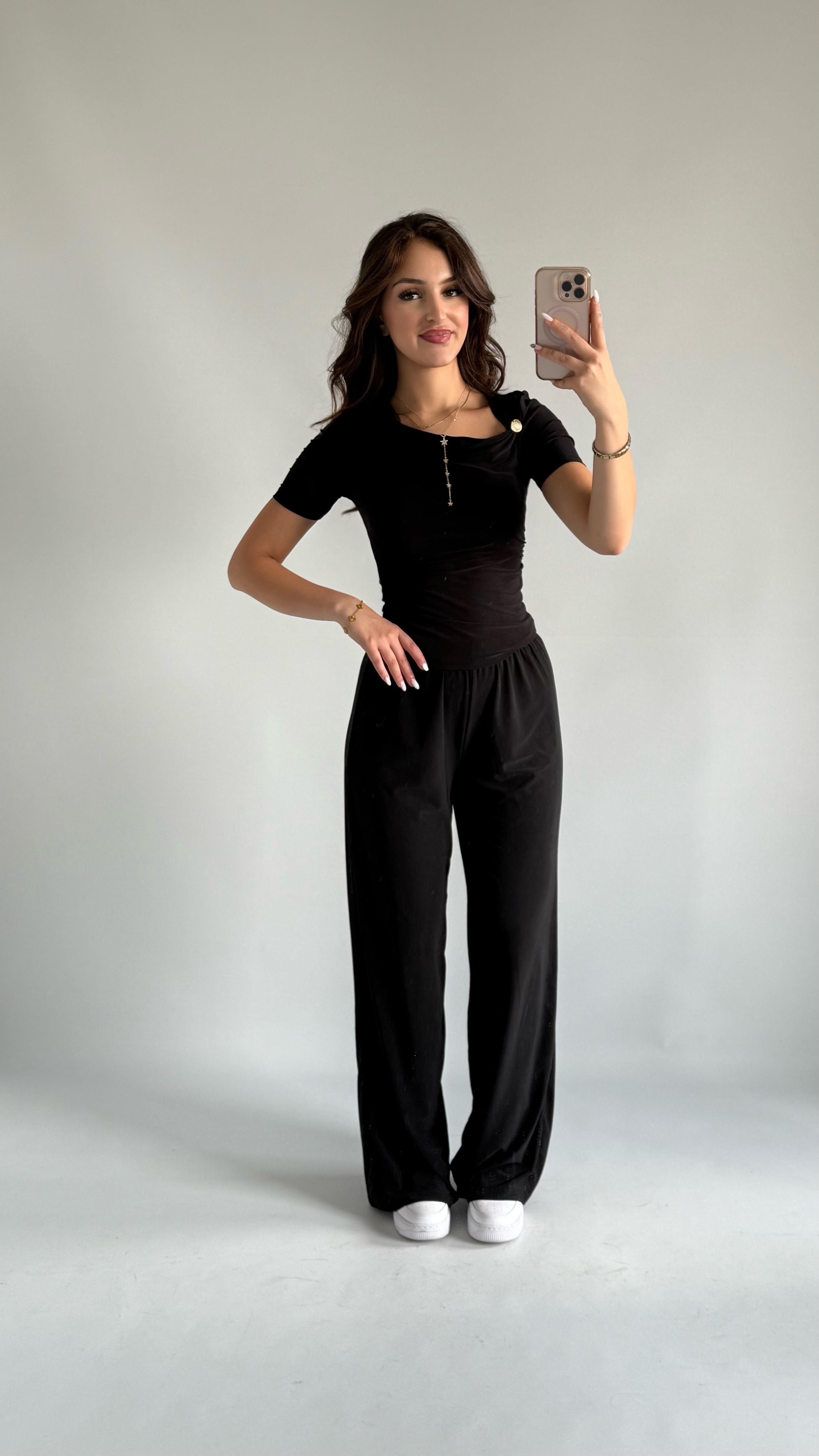 Premium Düğmeli Sandy Bluz Siyah