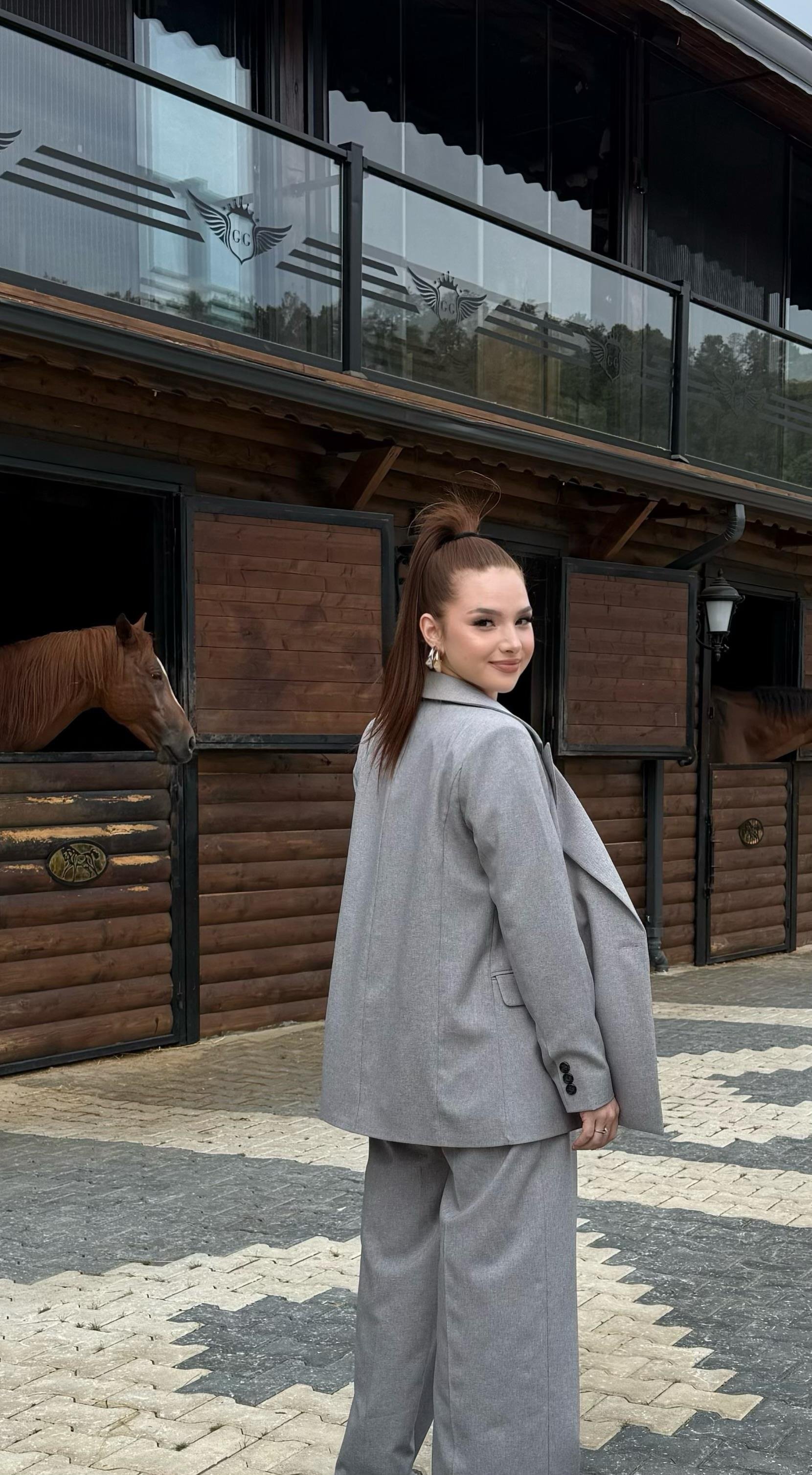 Premium Naturel Gri Vatkalı Ceket Takım