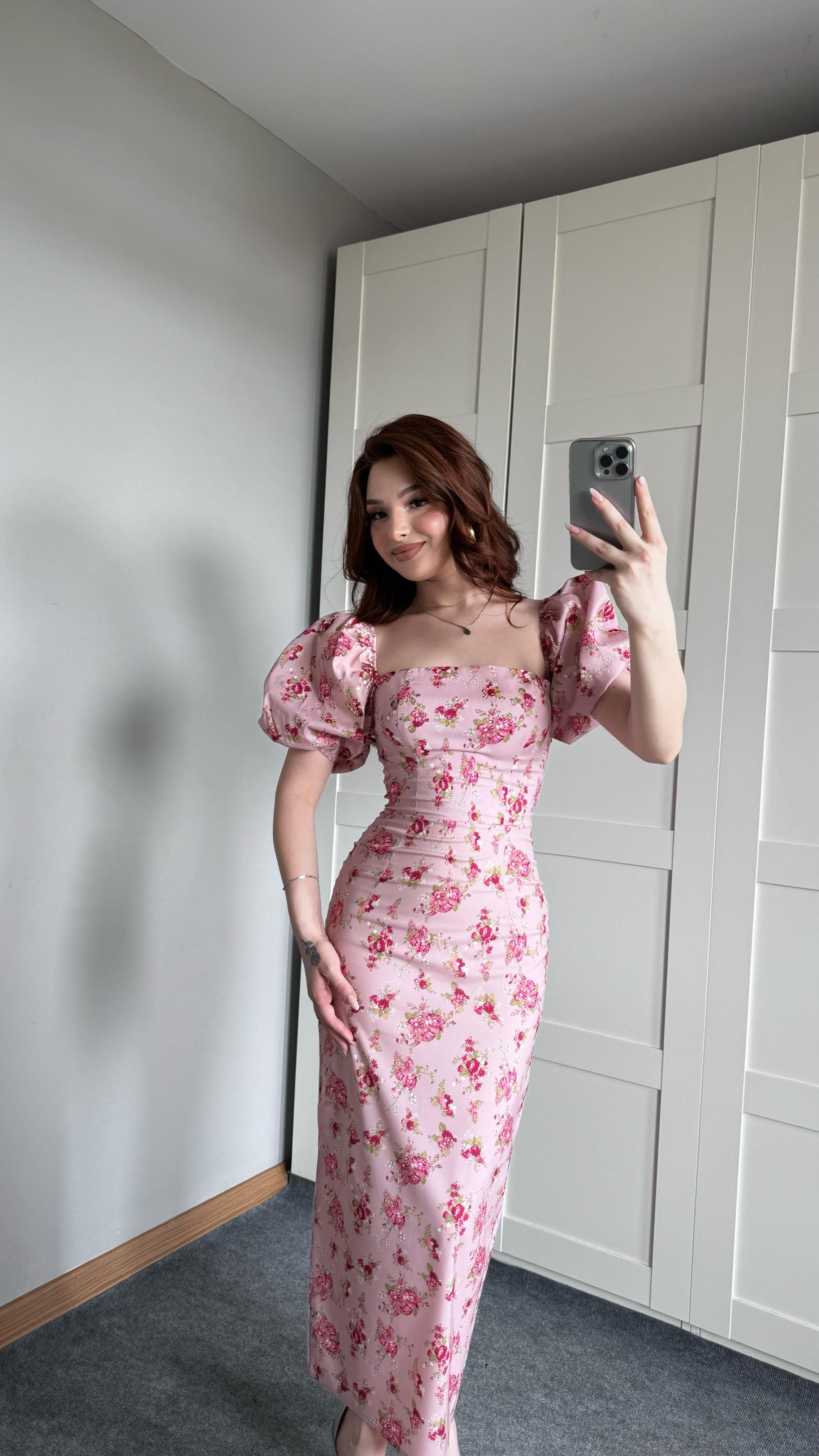 Prenses Kol Pembe Çiçekli Kalem Elbise