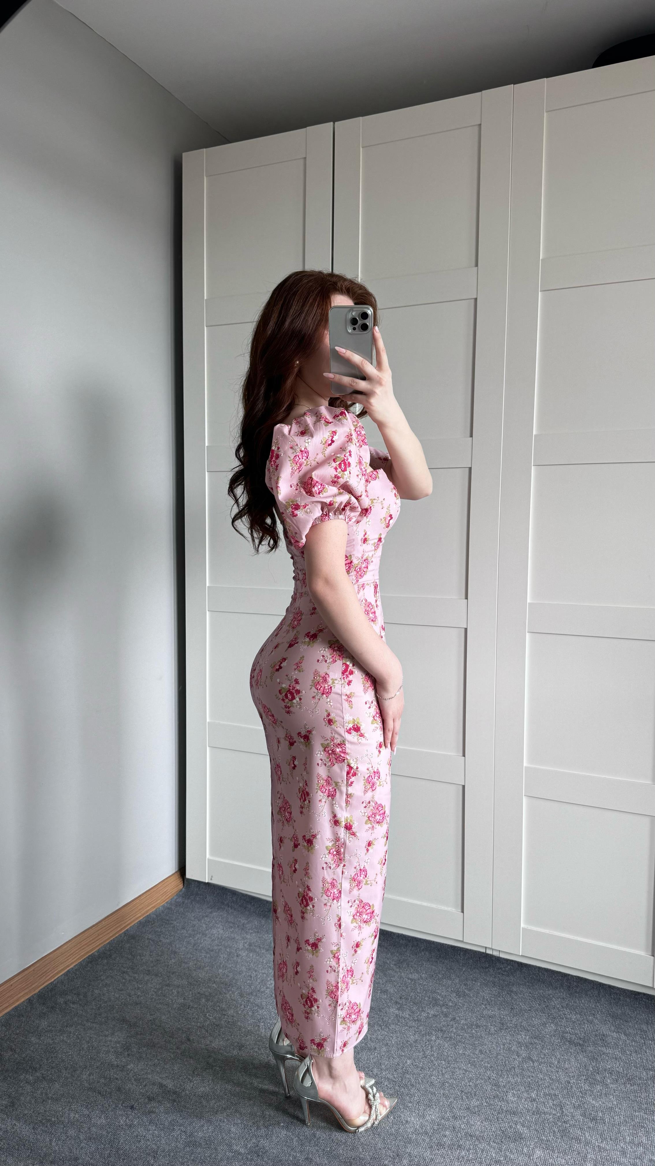 Prenses Kol Pembe Çiçekli Kalem Elbise