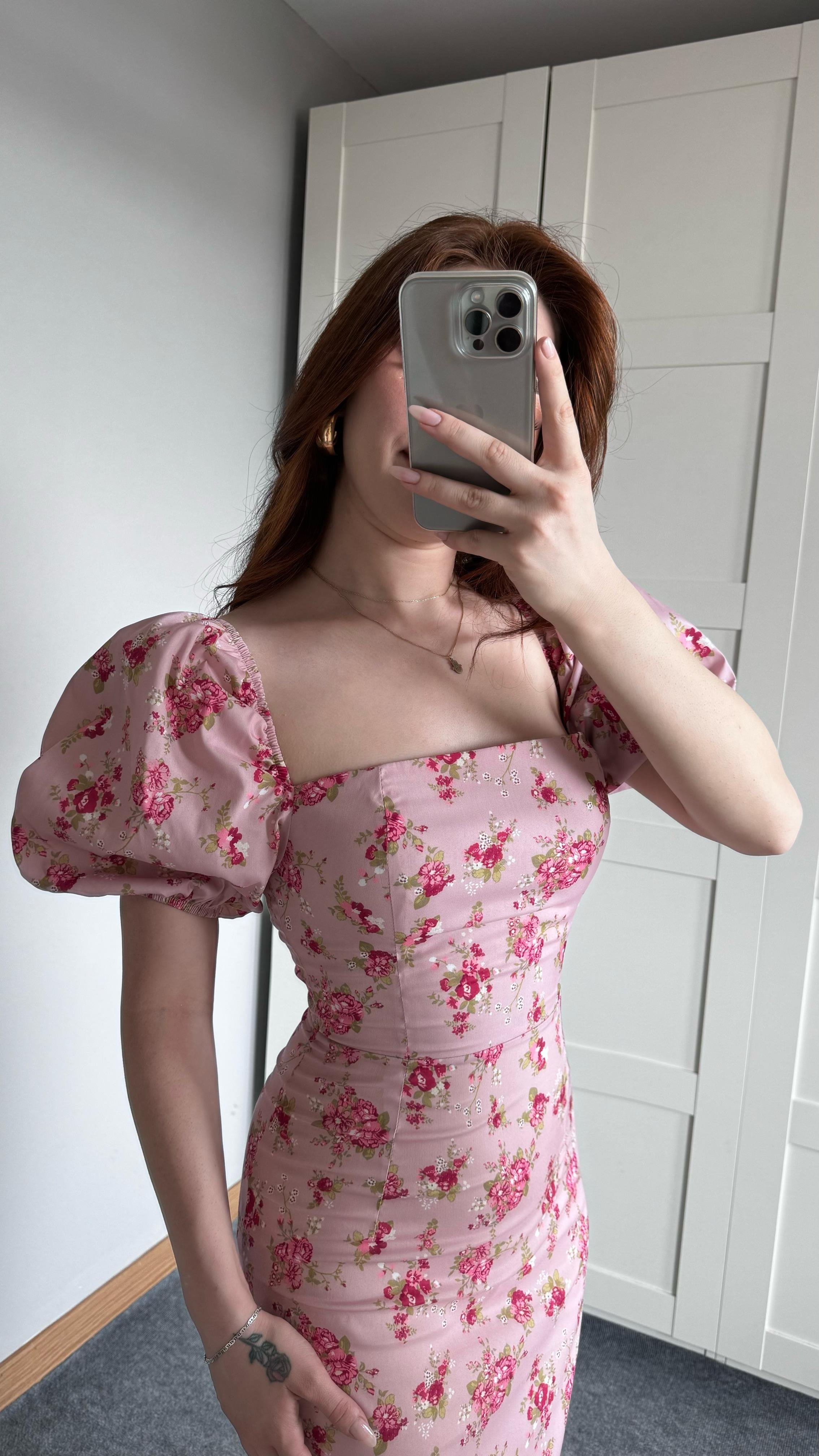 Prenses Kol Pembe Çiçekli Kalem Elbise