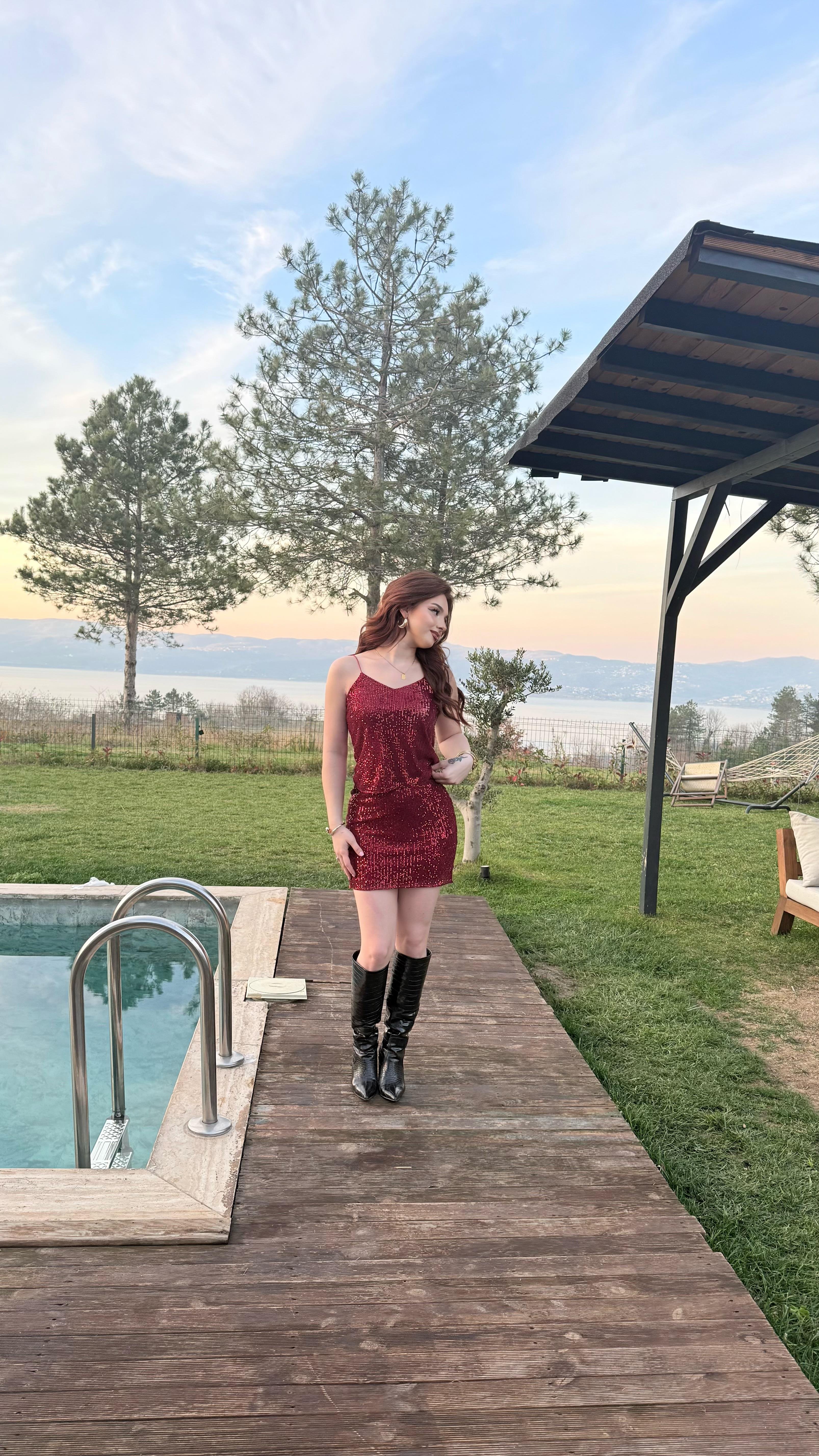 Pul Payetli Kısa Mini Etek Bordo