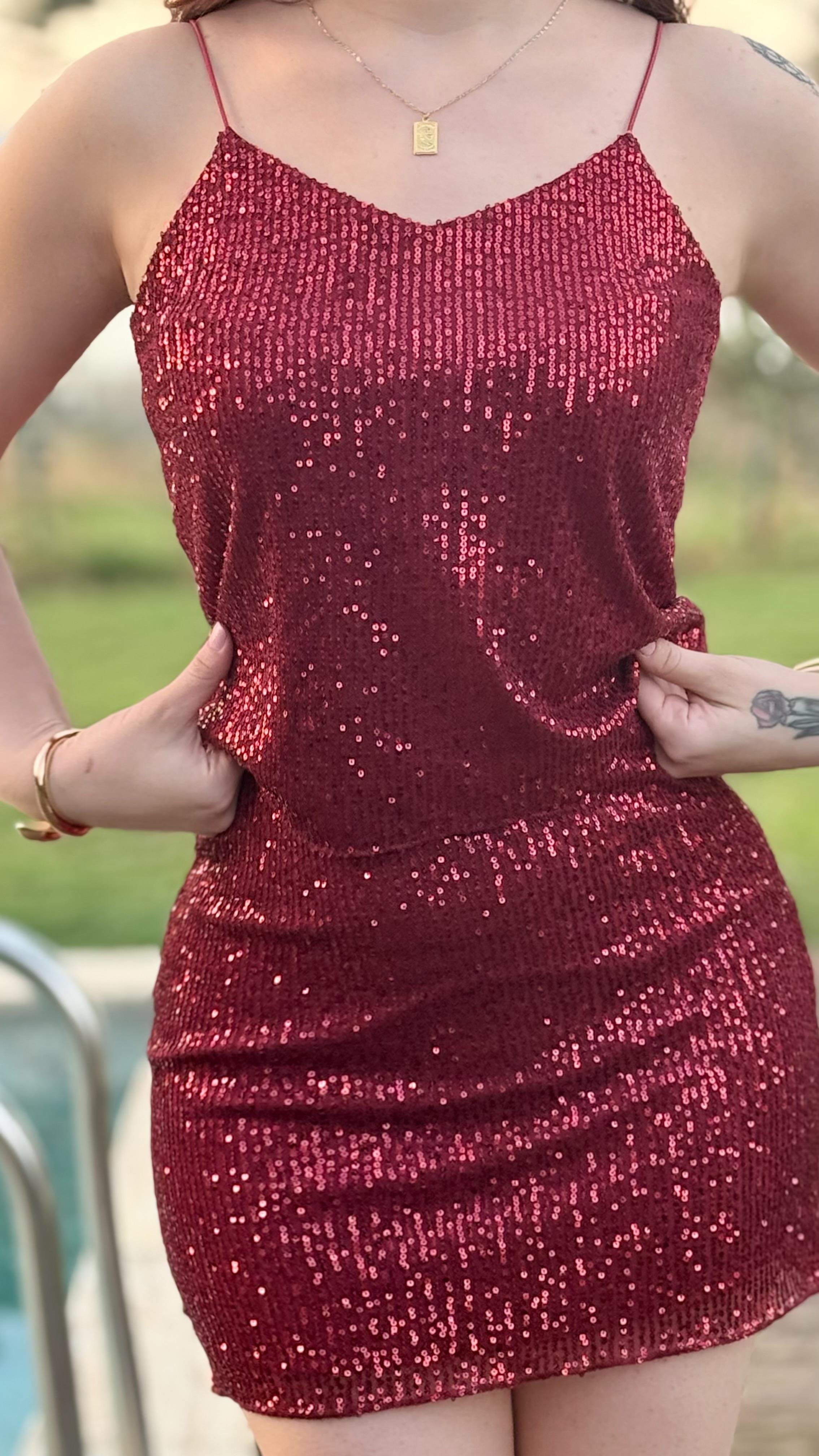Pul Payetli Kısa Mini Etek Bordo