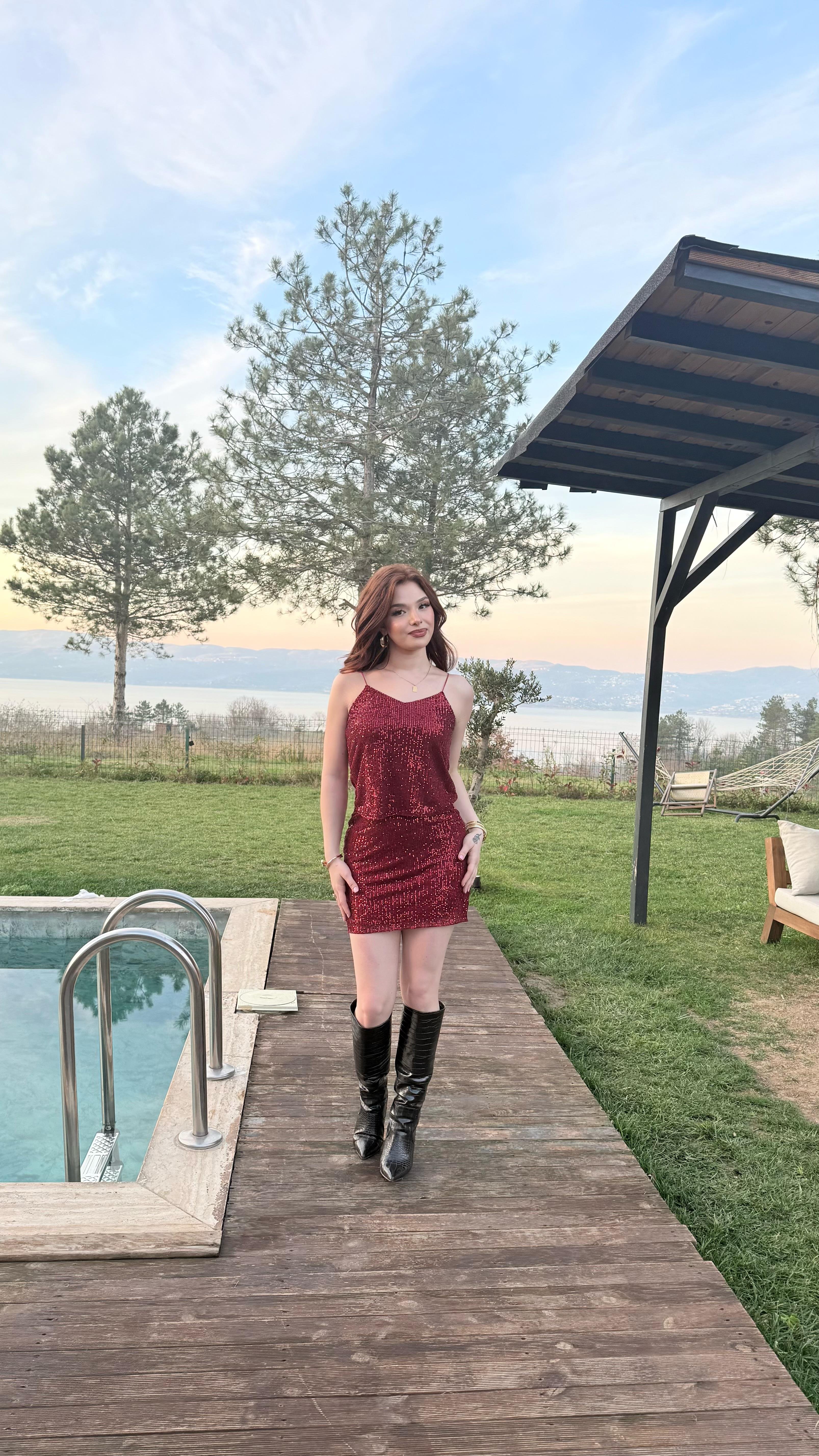 Pul Payetli Kısa Mini Etek Bordo
