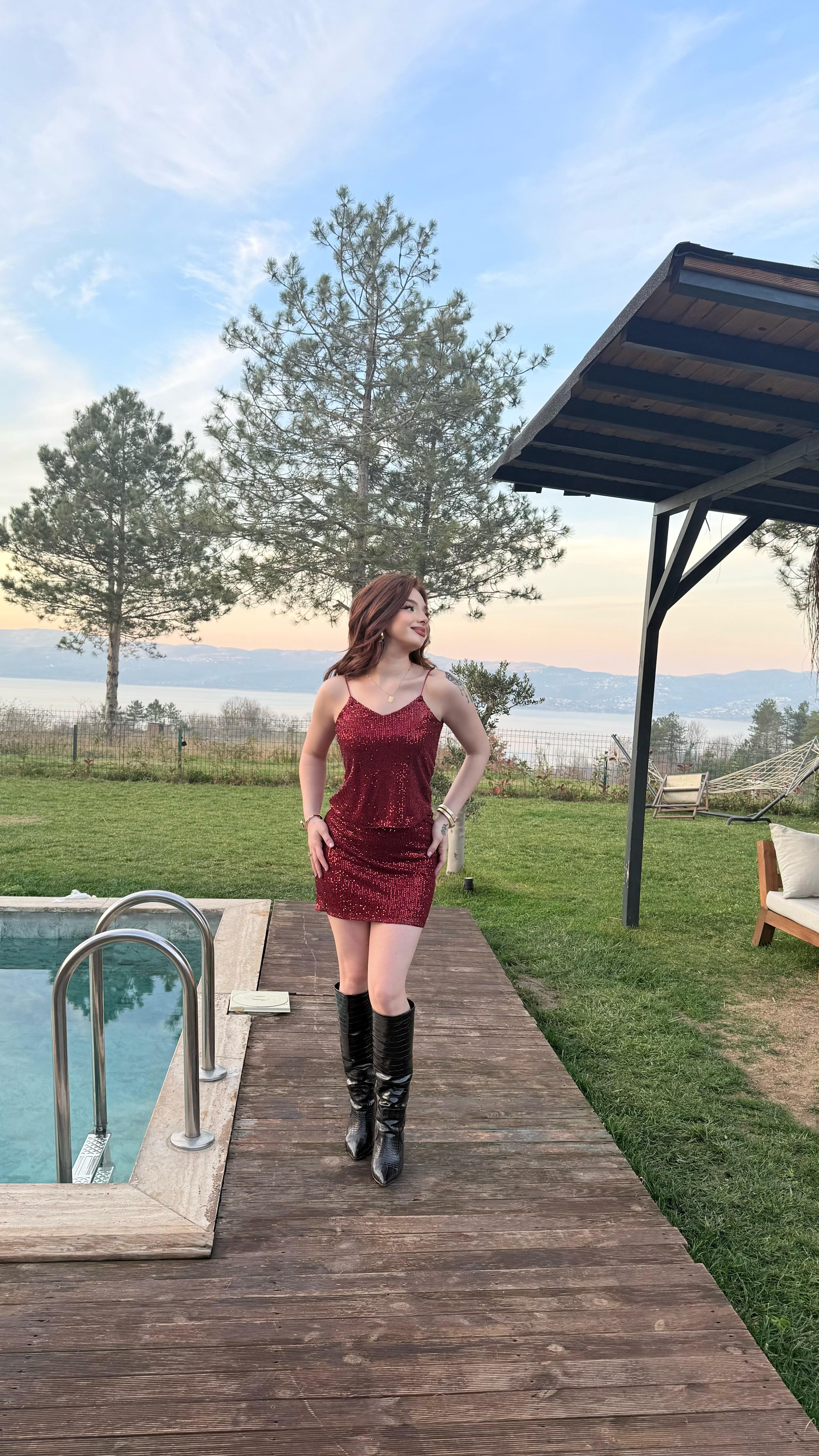 Pul Payetli Kısa Mini Etek Bordo