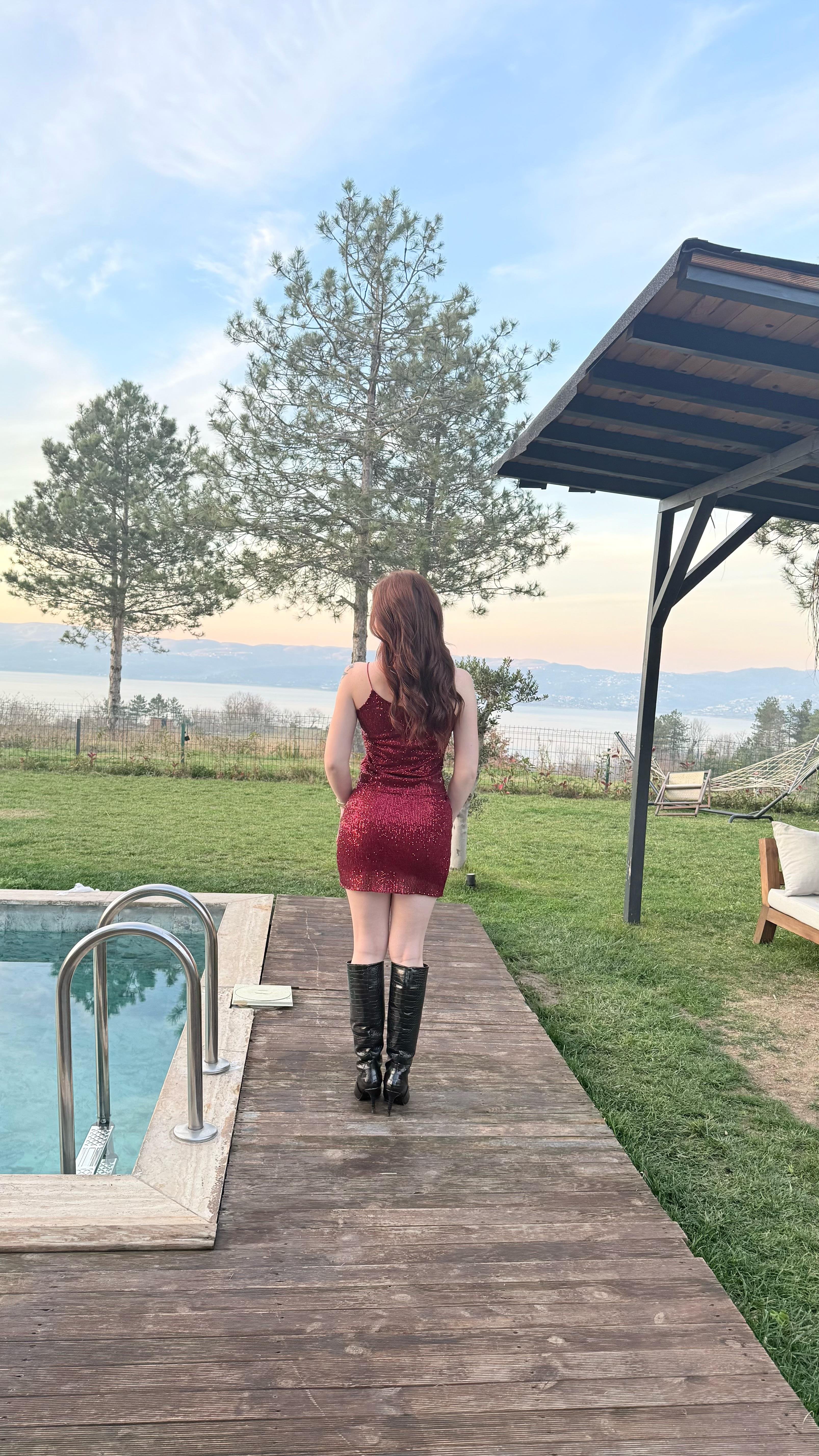 Pul Payetli Kısa Mini Etek Bordo