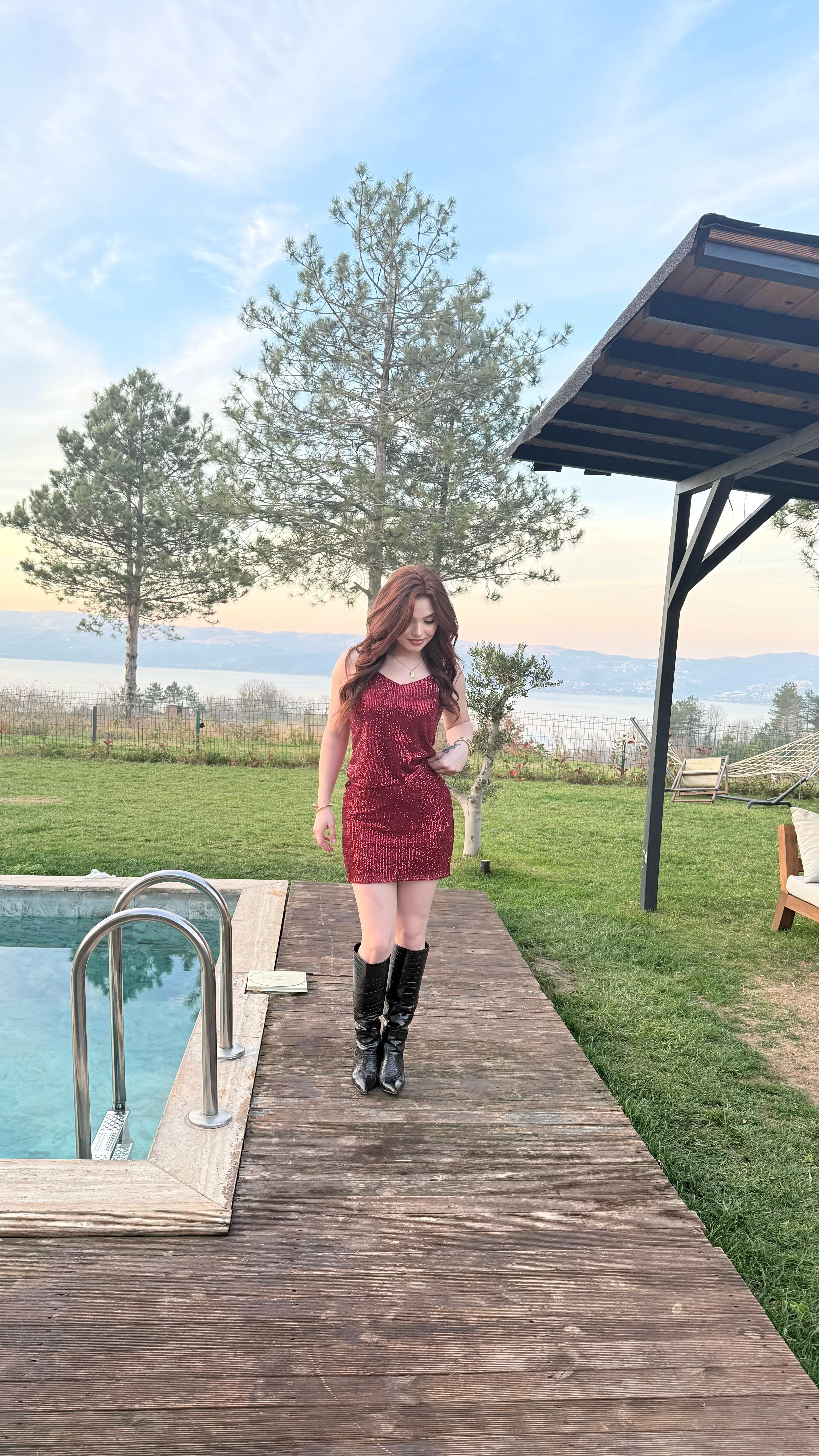 Pul Payetli Kısa Mini Etek Bordo