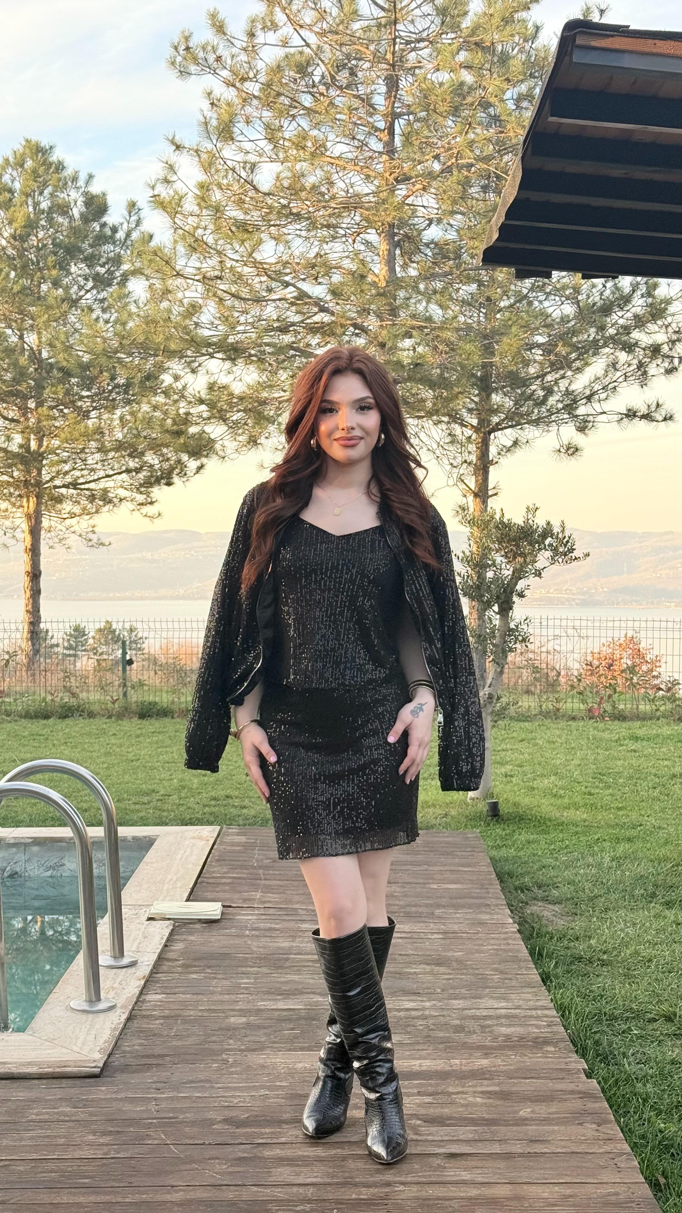 Pul Payetli Kısa Mini Etek Siyah