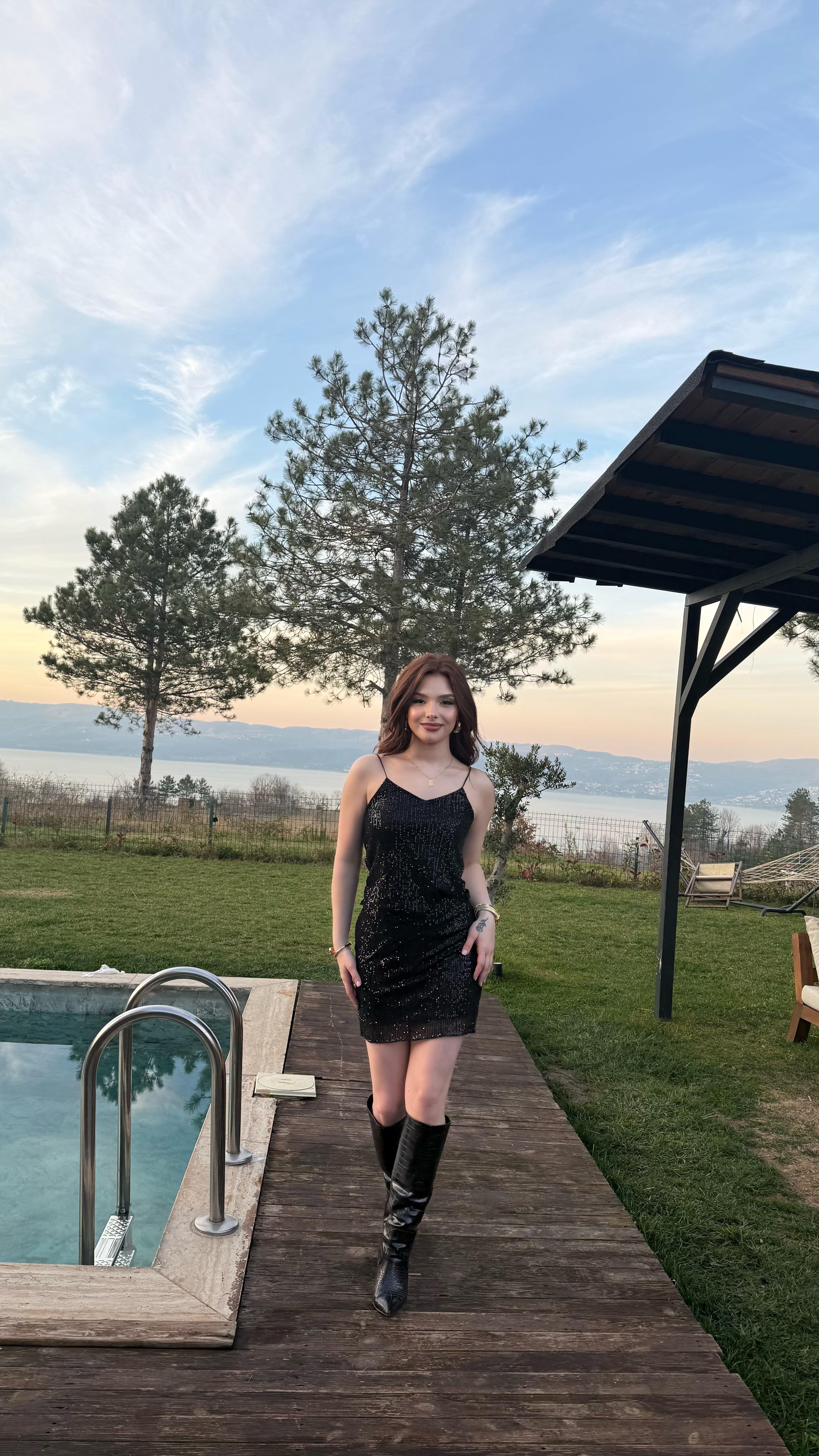 Pul Payetli Kısa Mini Etek Siyah