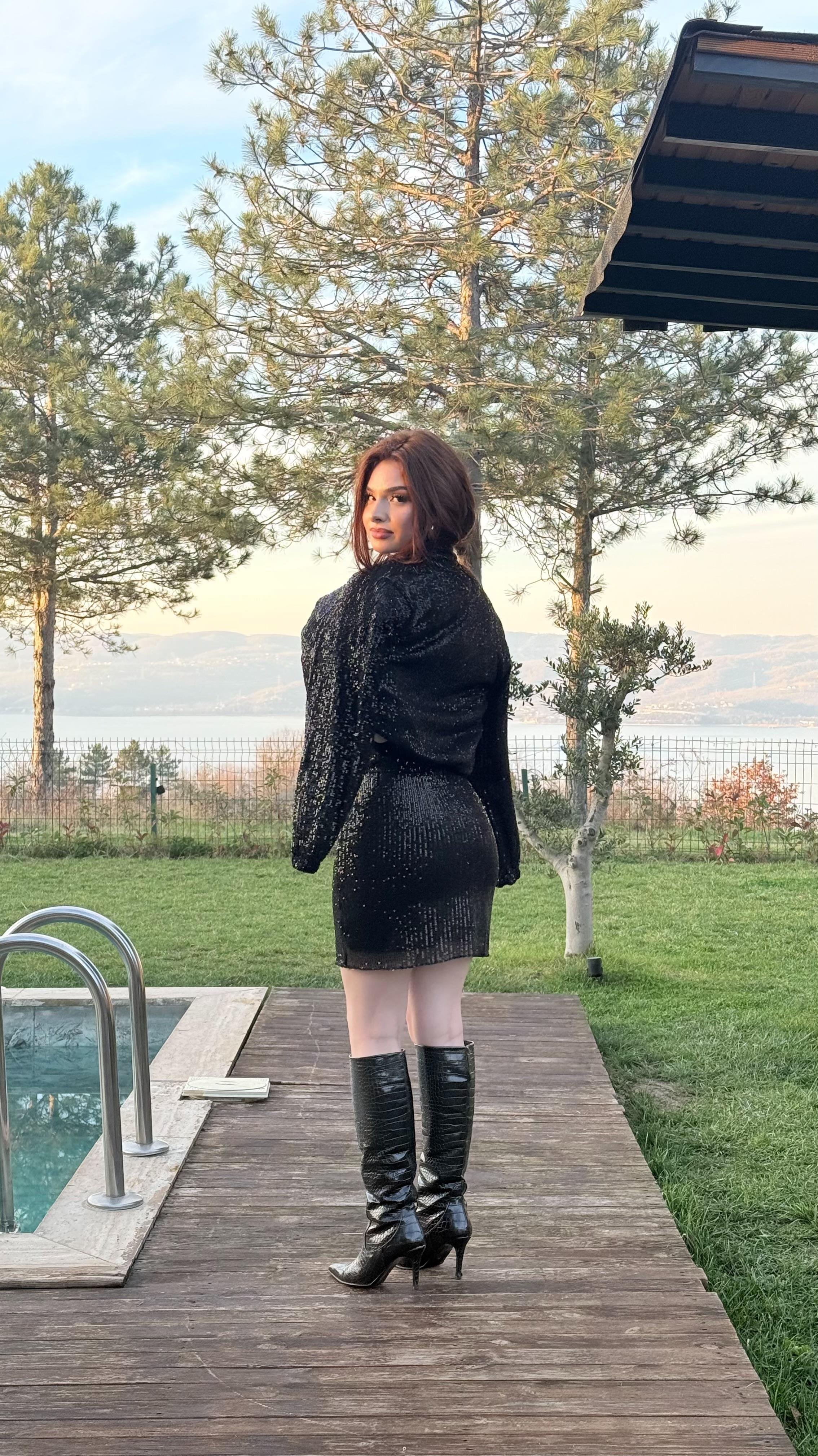 Pul Payetli Kısa Mini Etek Siyah