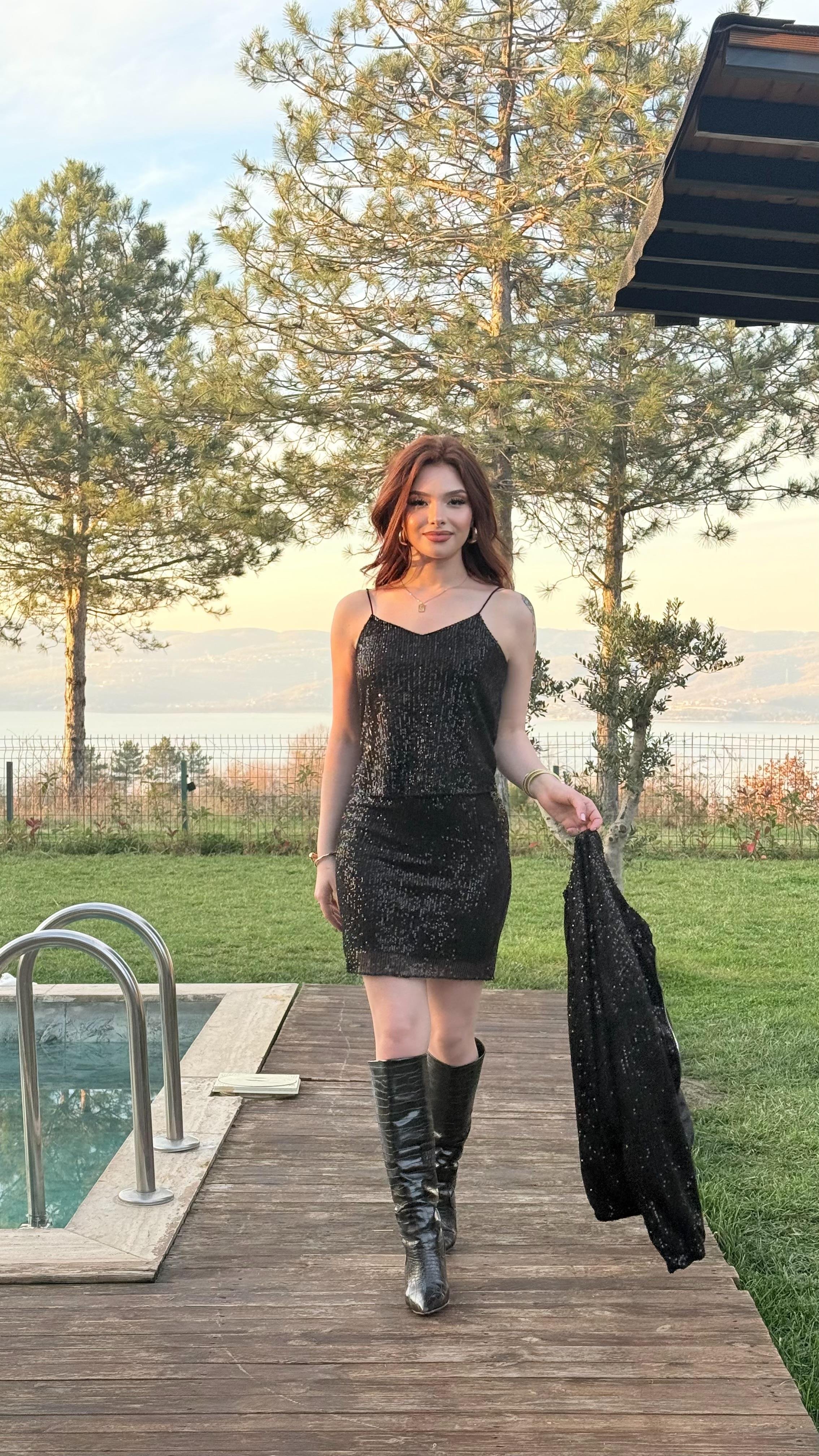 Pul Payetli Kısa Mini Etek Siyah