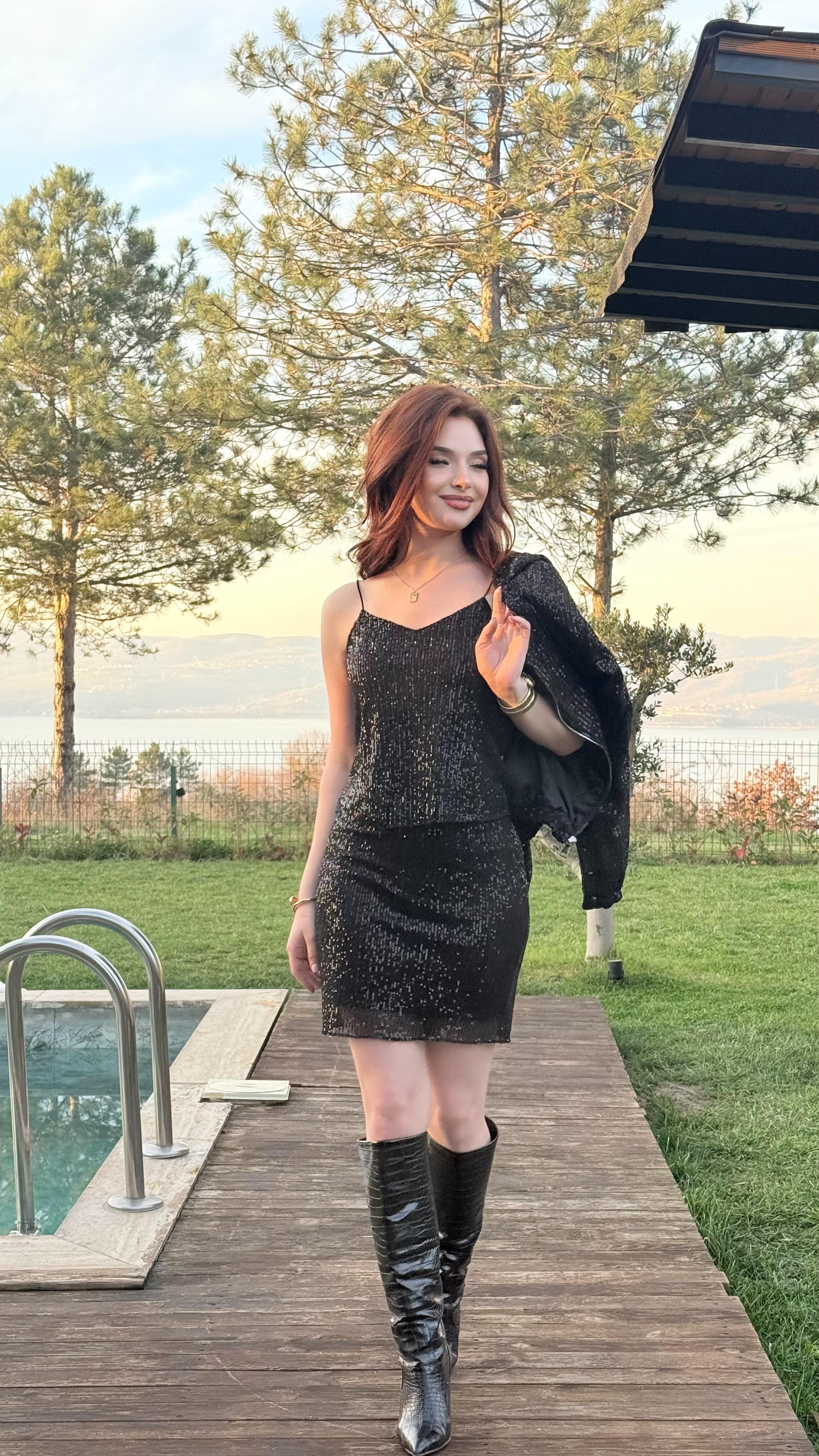 Pul Payetli Kısa Mini Etek Siyah