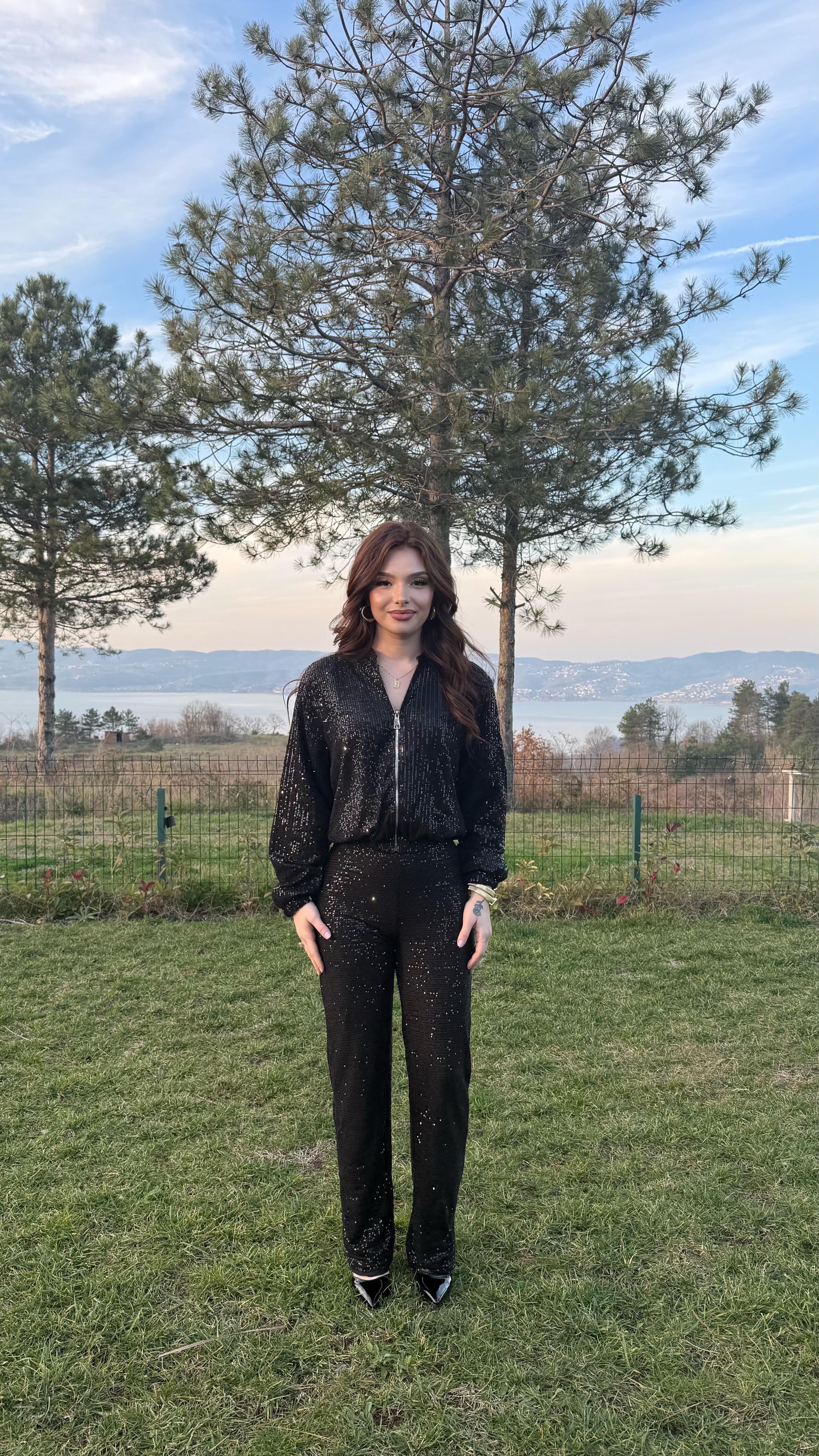 Pul Payetli Lastikli Pantolon Siyah