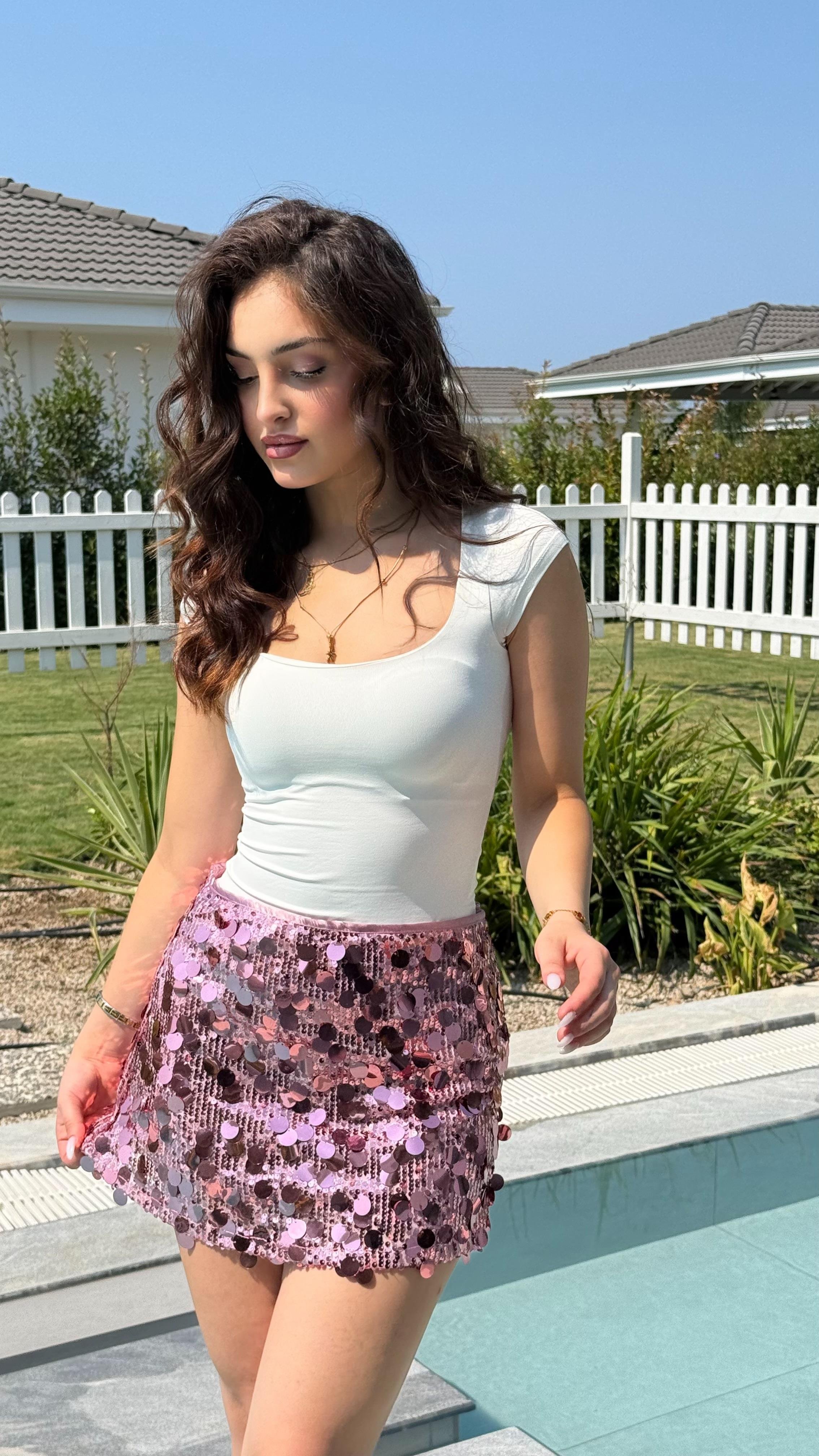 Pullu Mini Etek Pembe