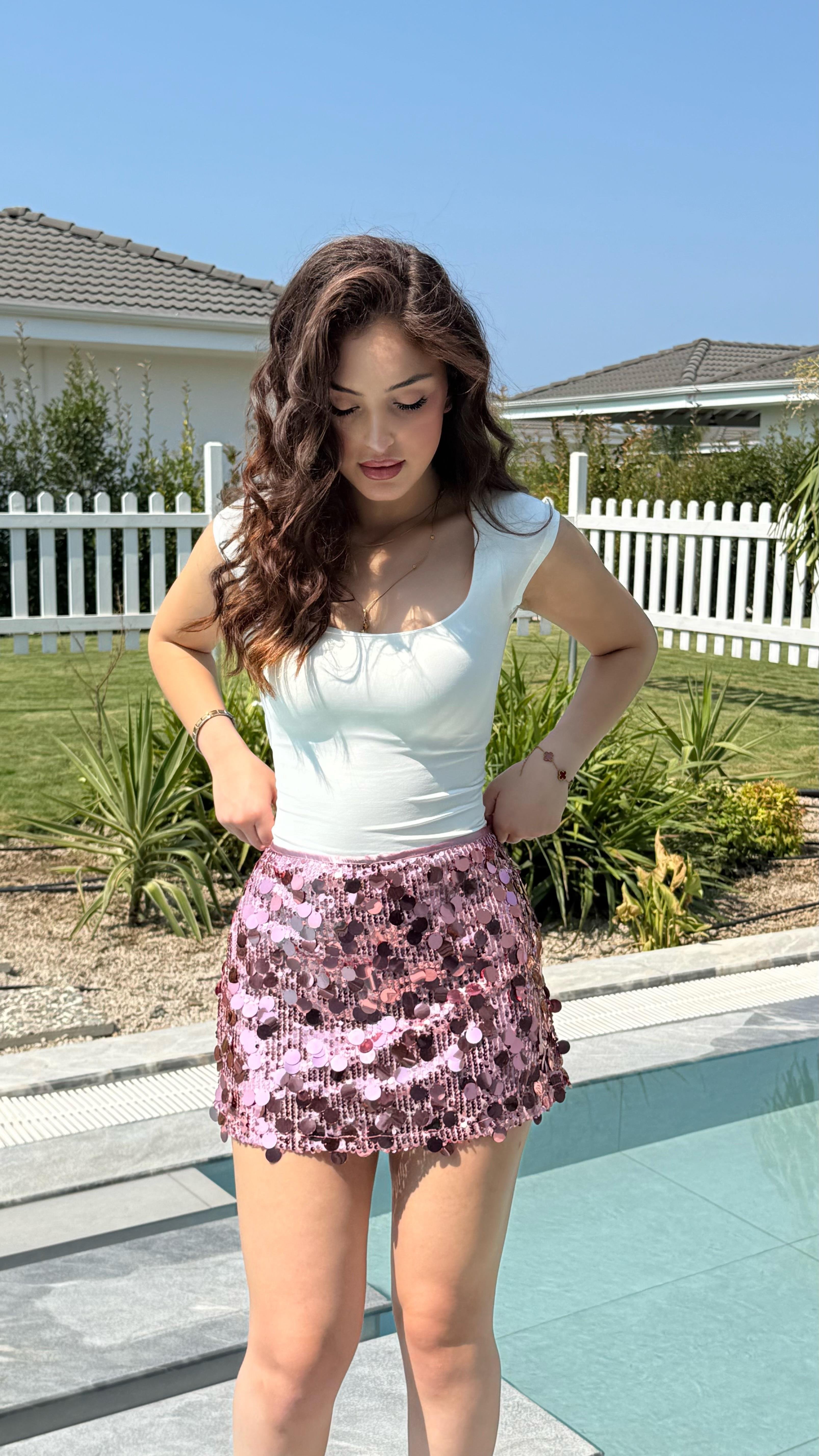 Pullu Mini Etek Pembe