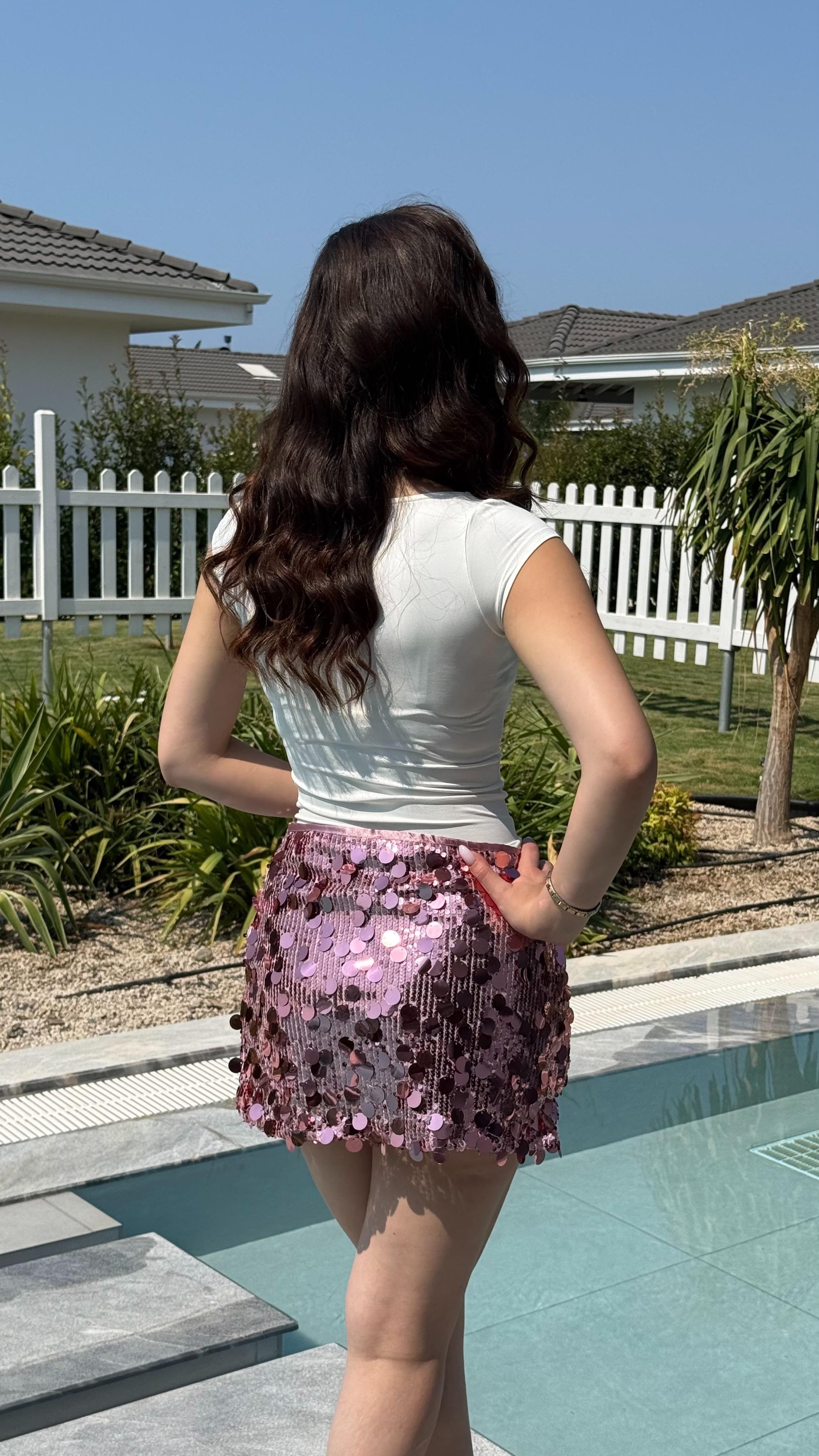 Pullu Mini Etek Pembe