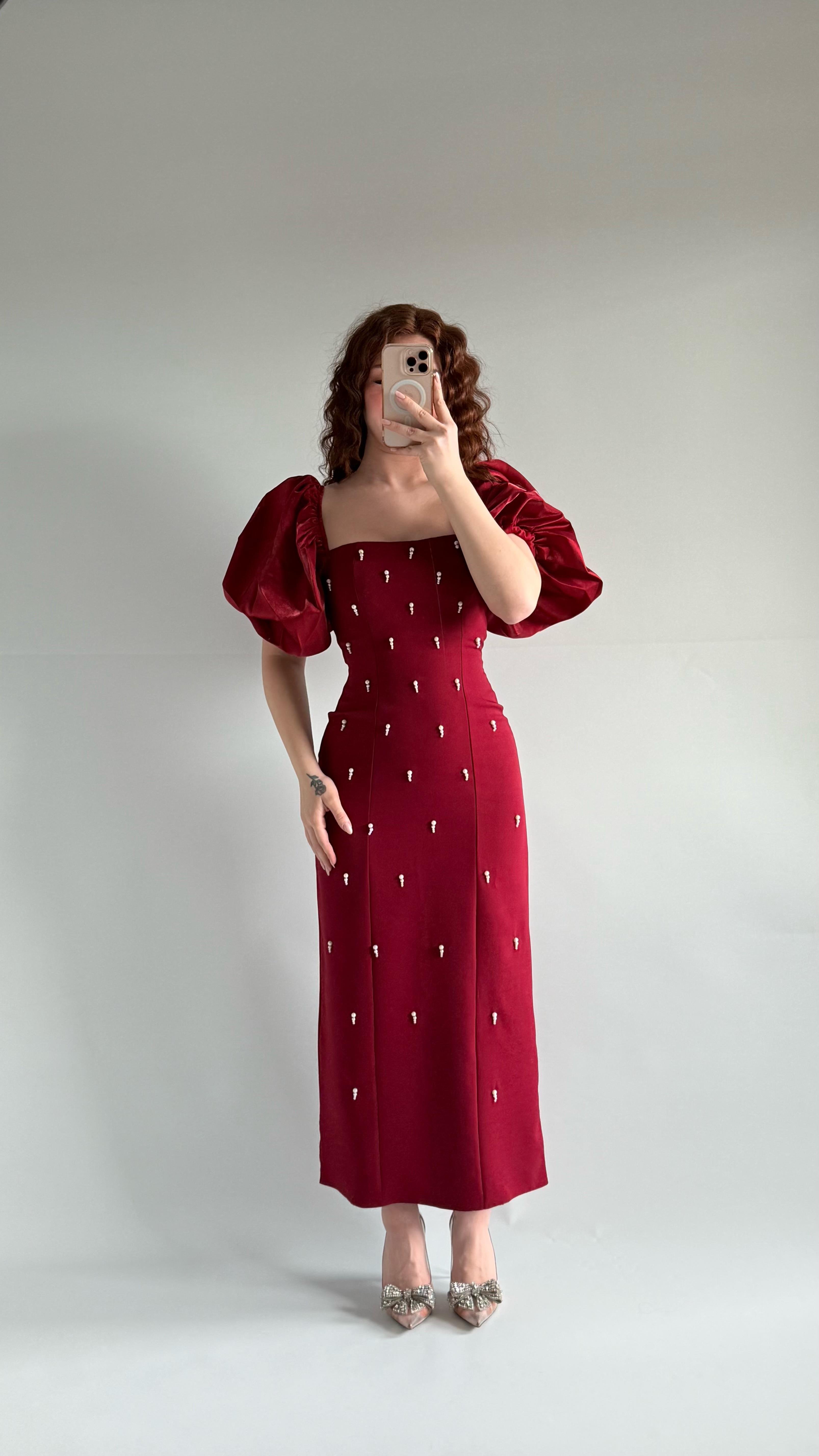 Pure Balon Kol İncili Elbise Bordo