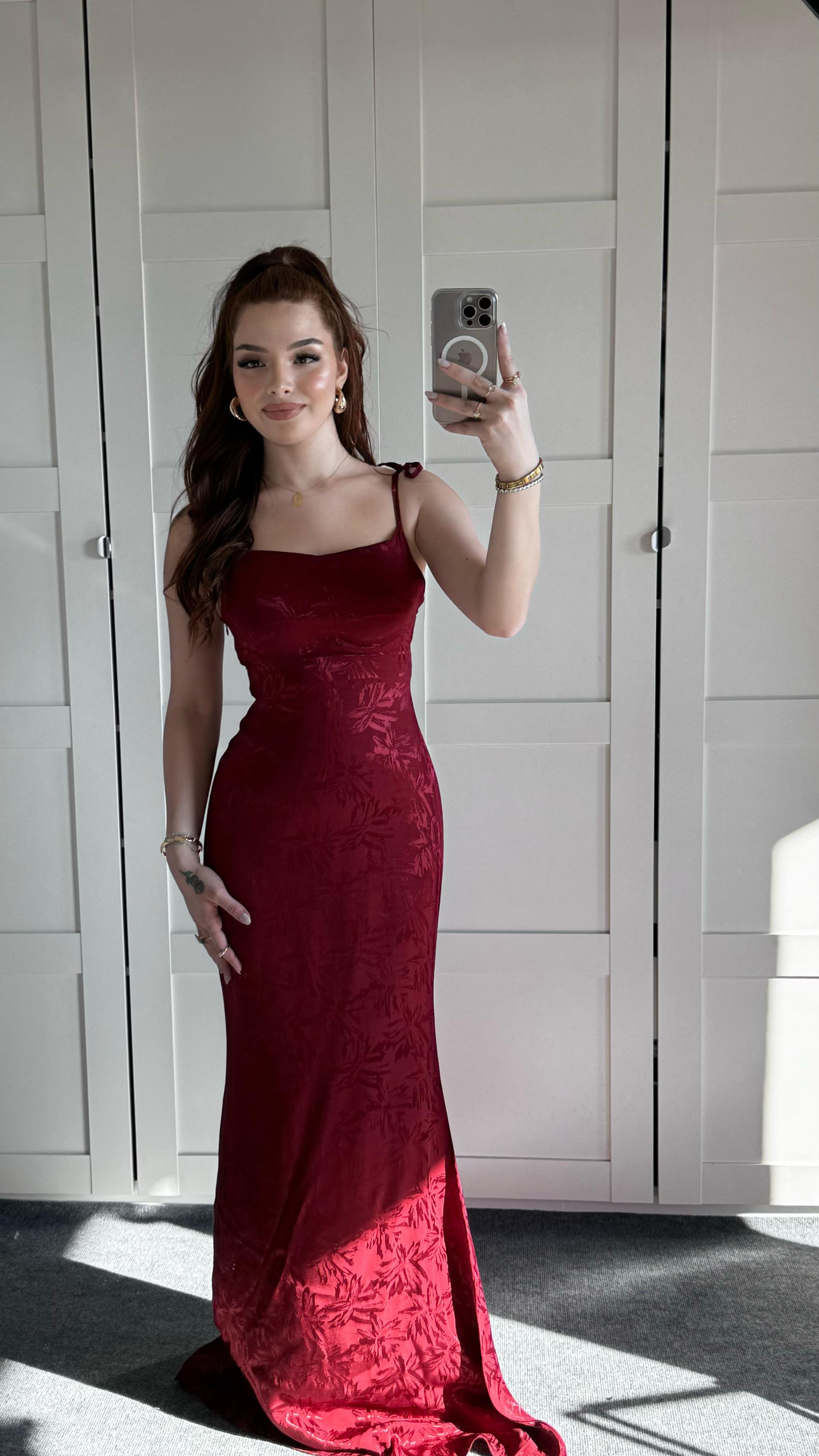 Rachel Bordo Saten Elbise