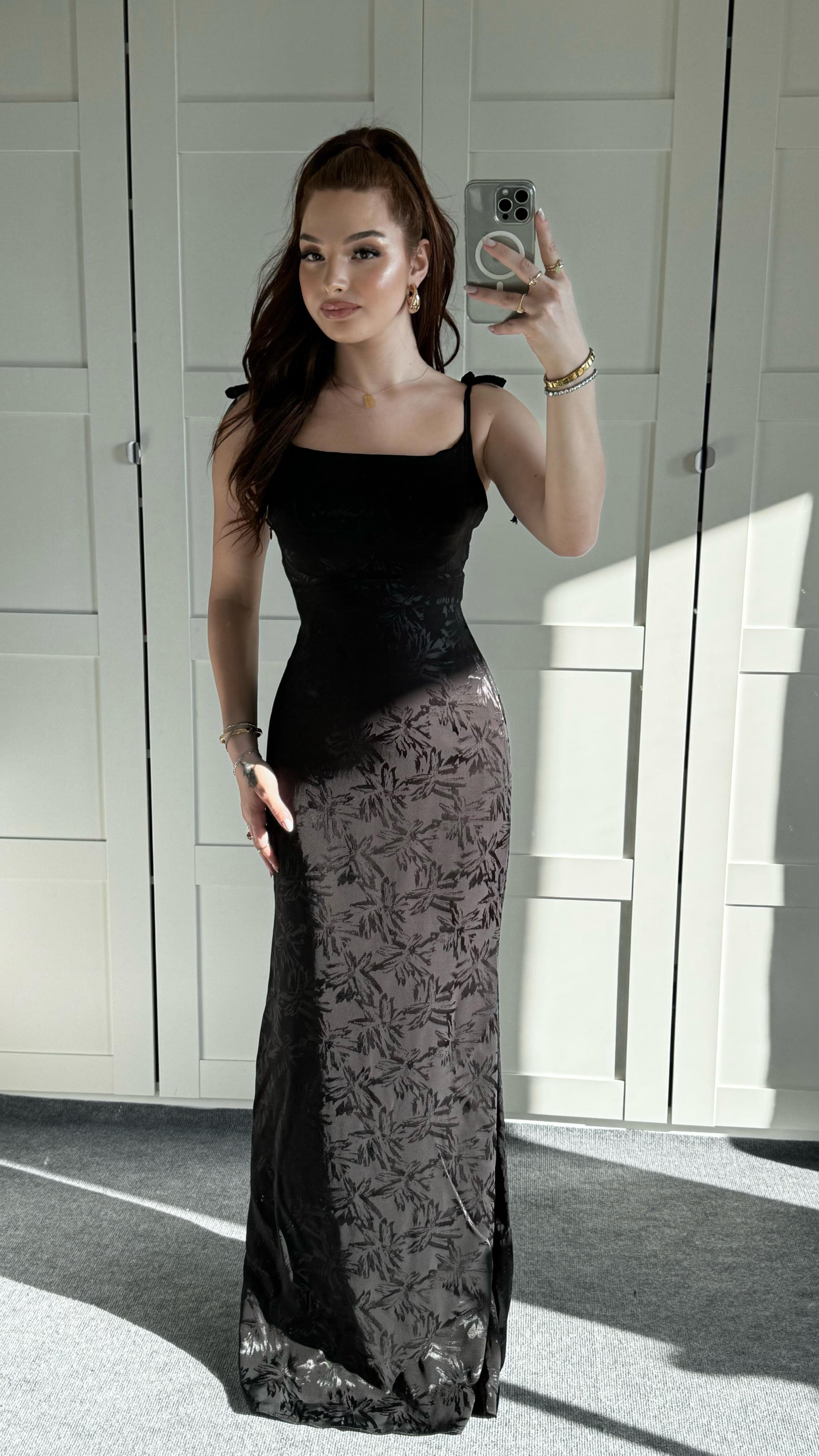 Rachel Siyah Saten Elbise