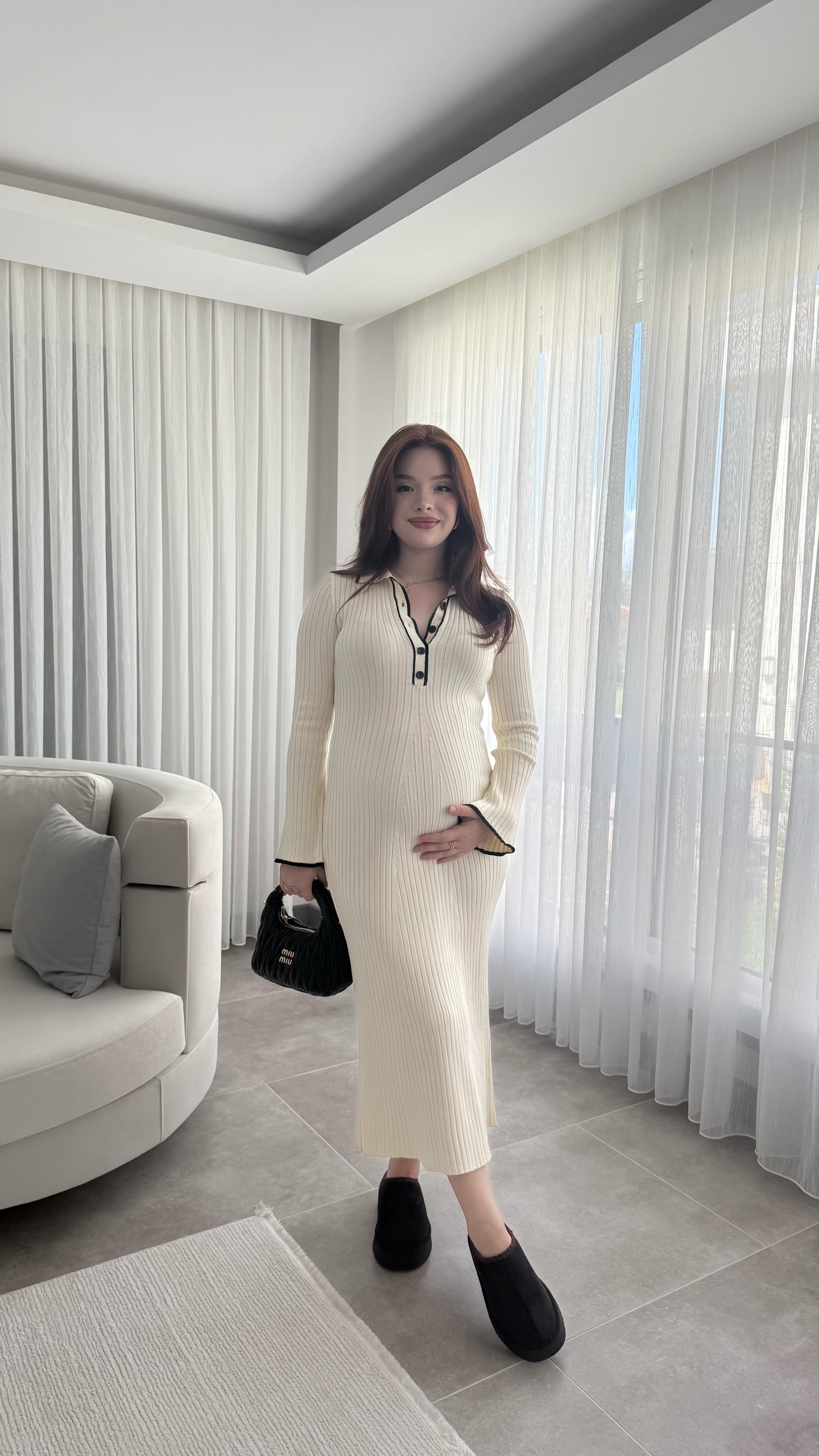 Rita Polo Yaka Triko Elbise Ekru